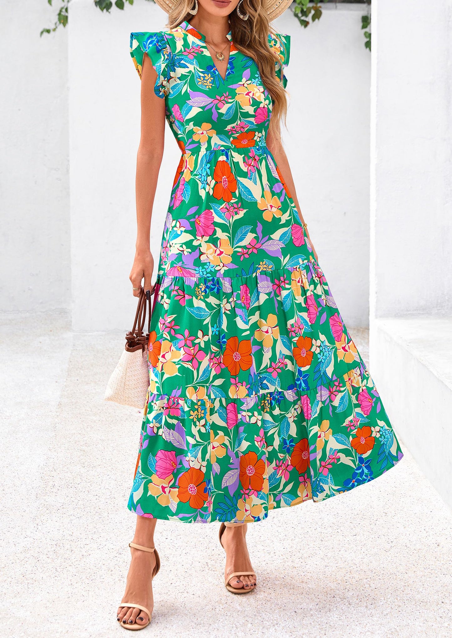Women's Summer Floral Midi Dress Cap Sleeve V Neck Ruffle Long Flowy Boho Casual Beach Vacation Dresses