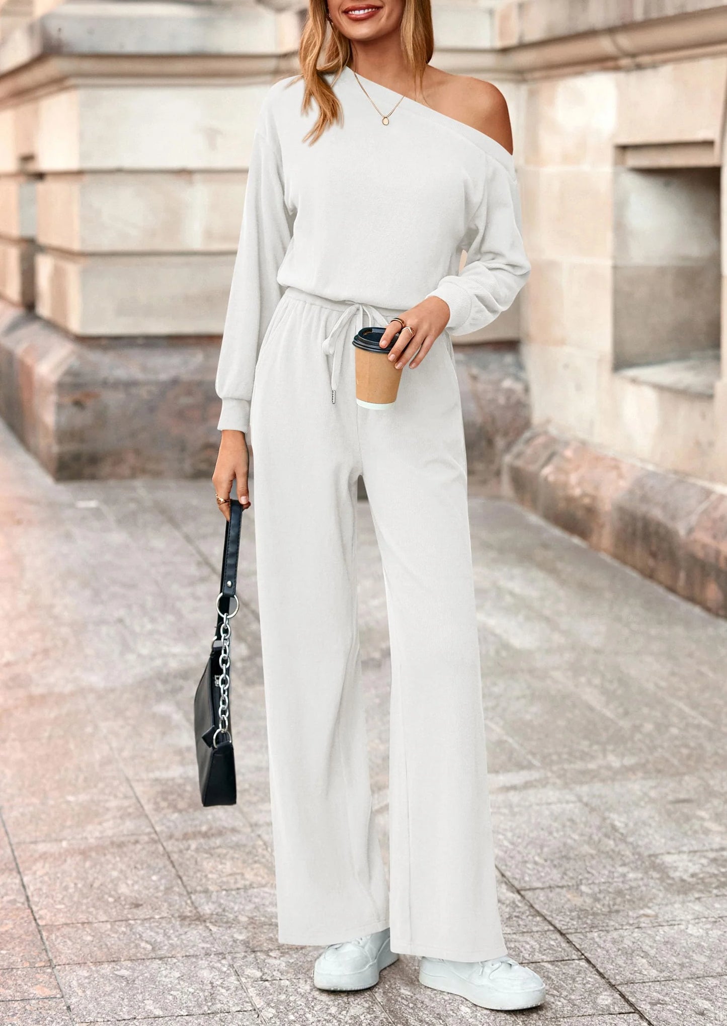 Long Sleeve Jumpsuit For Women Dressy Off Shoulder One Piece Loose Wide Leg Jumpsuits Casual Flowy Romper