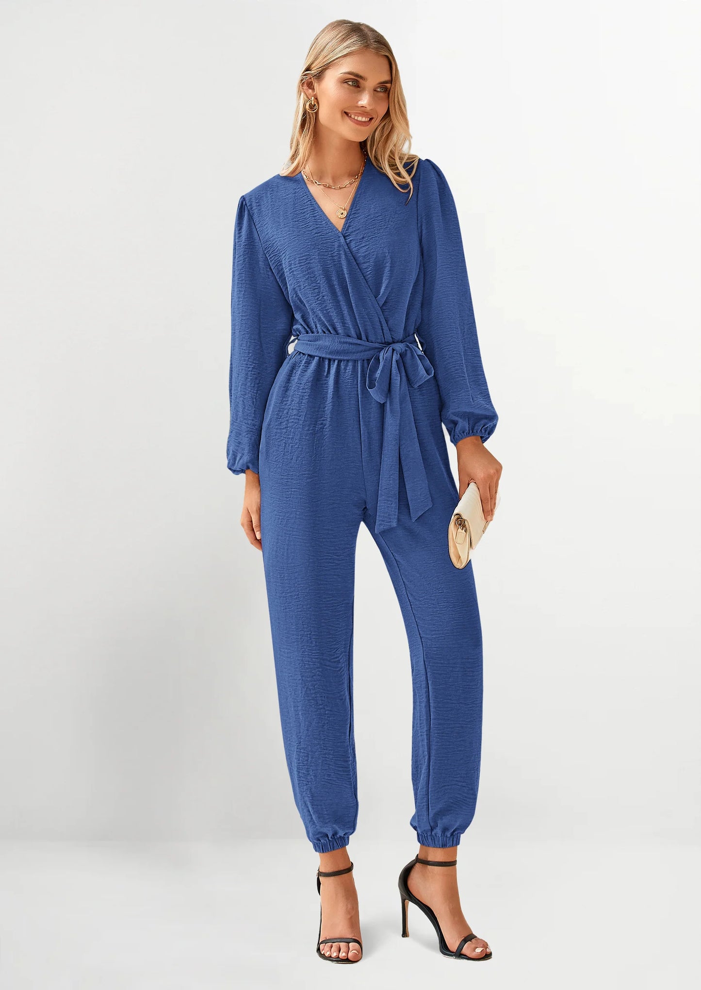 Women's Fall Jumpsuits Dressy Casual Pants Romper Spring Long Sleeve V Neck Belt Pockets One Piece Outfits