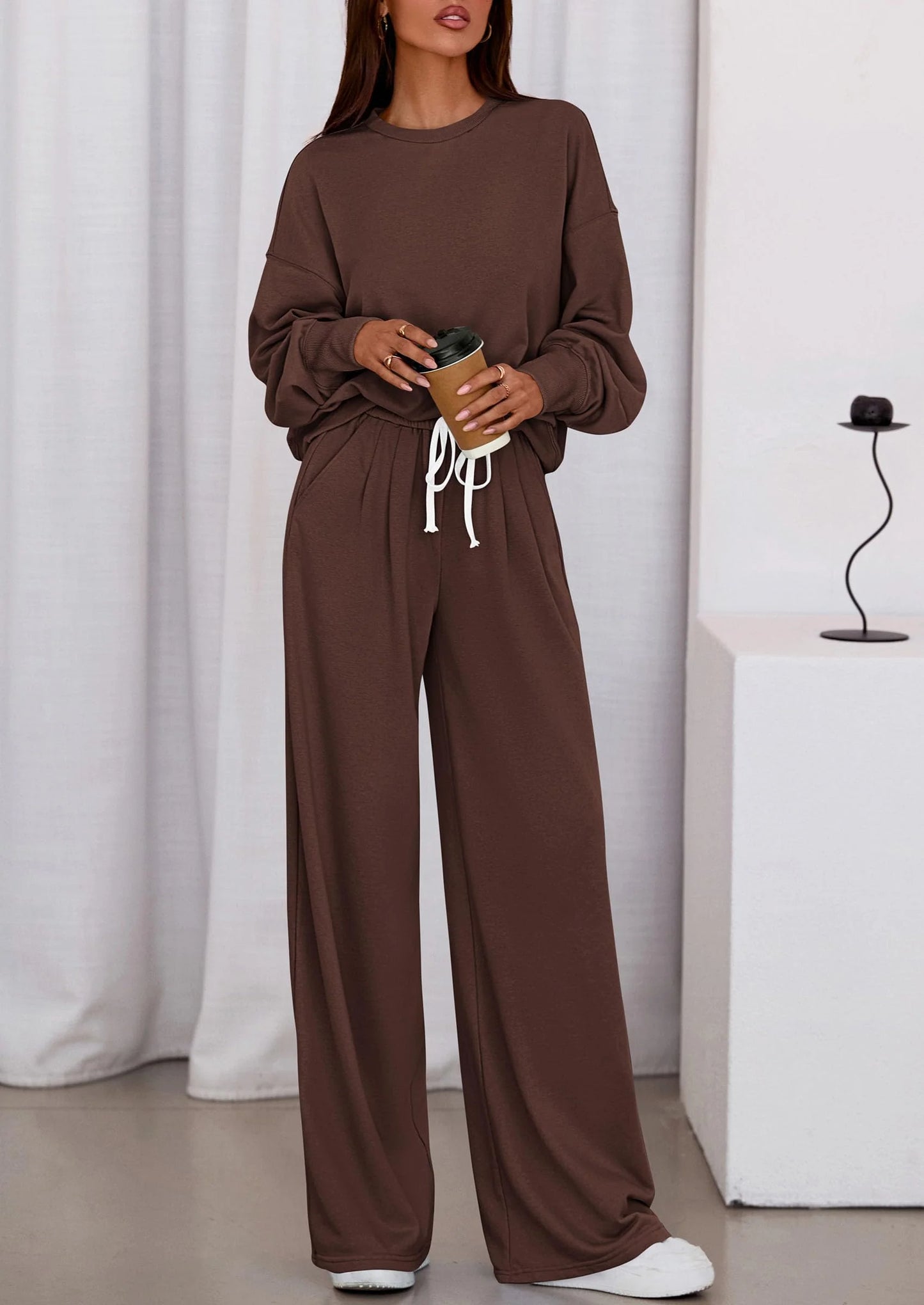 Womens 2 Piece Sets Long Sleeve Sweatshirt Wide Leg Pants Loose Matching Lounge Set Trendy Fall Outfits