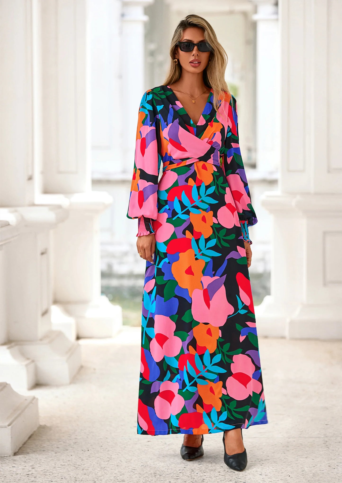 Women's Fall Boho Maxi Dress Floral Long Sleeve V Neck Flowy Belted Elegant Holiday Party Dresses