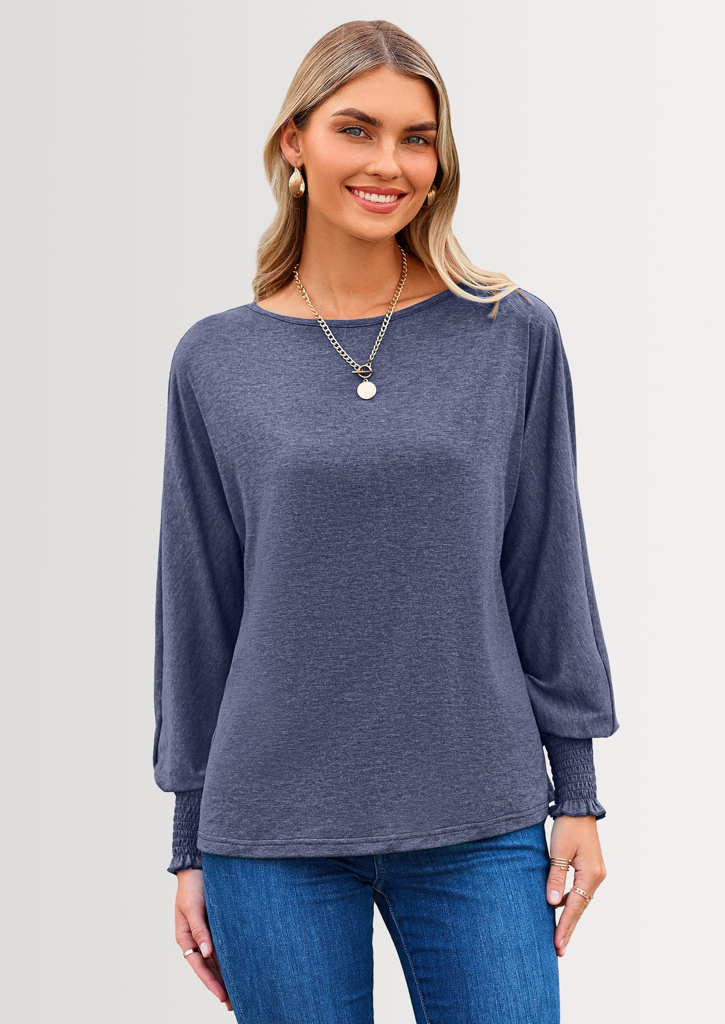 Women's Spring Fashion T Shirts Puff Long Sleeve Crewneck Casual Basic Tee Tops Blouses