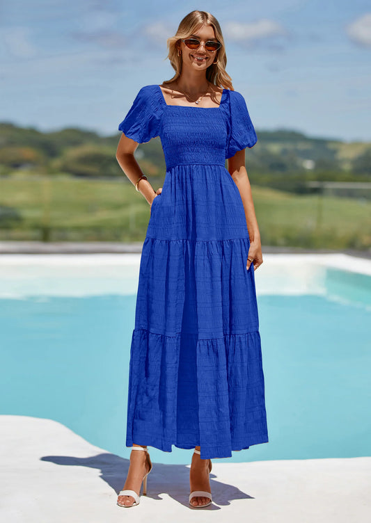 Womens Summer Puff Short Sleeve Maxi Dress Square Neck Smocked Tiered Ruffle A Line Long Flowy Beach Dresses