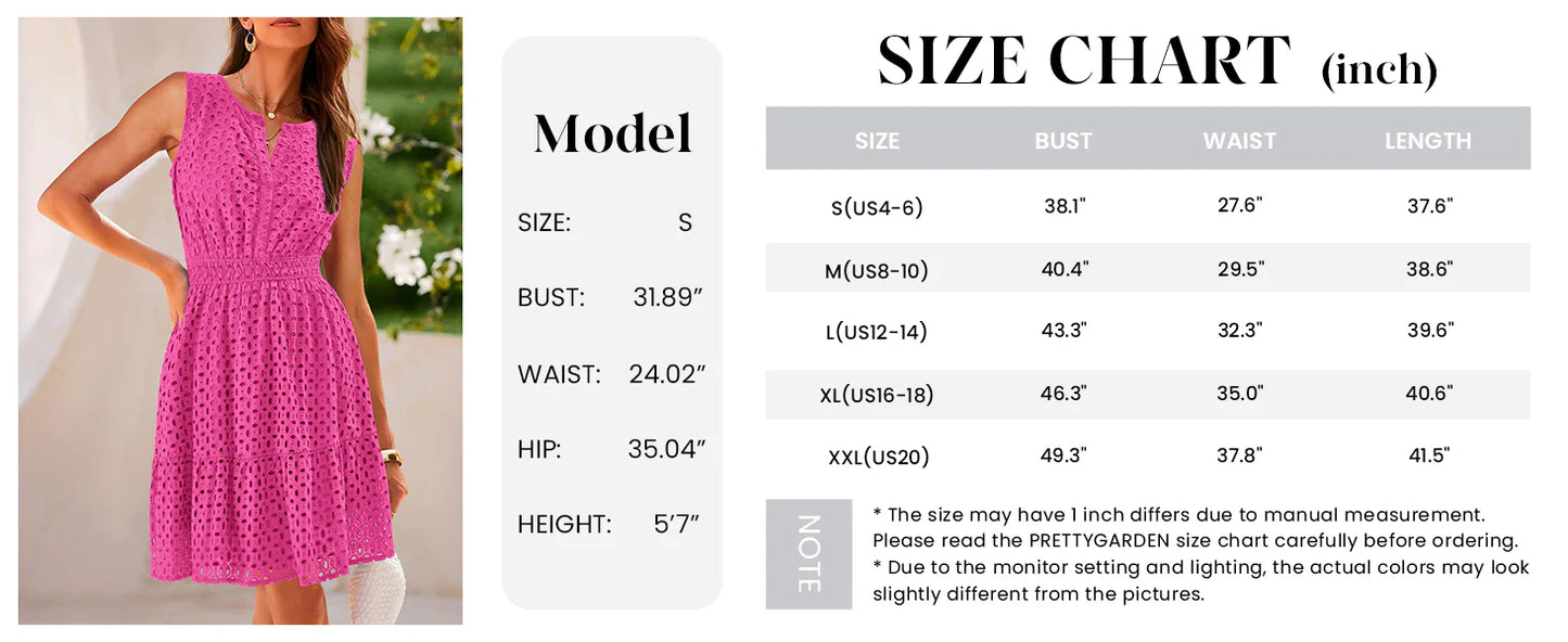 Women's Summer Dresses Sleeveless V Neck Eyelet Hollow Out Swing A Line Beach Vacation Sun Dress