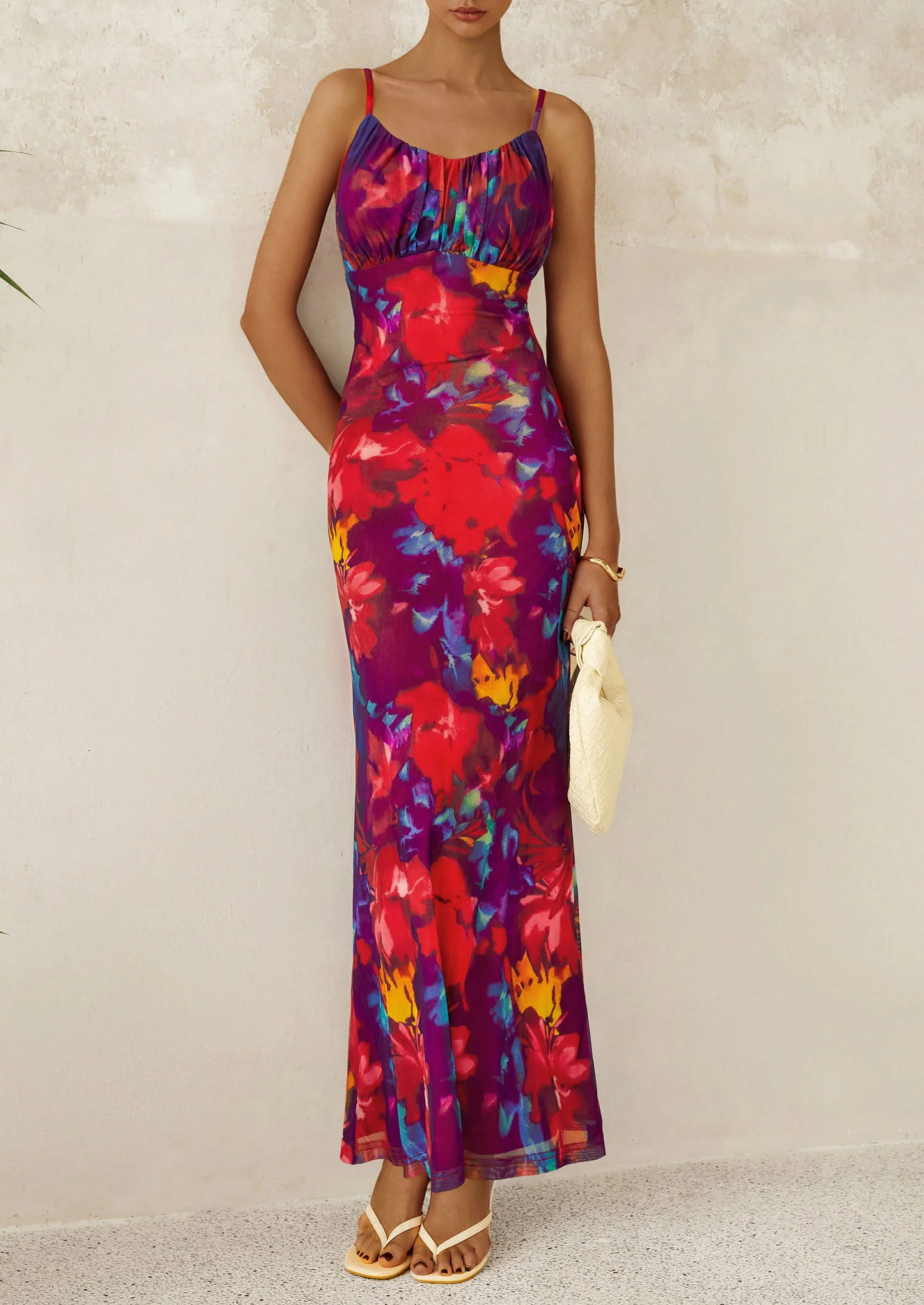 Women's Bodycon Maxi Dress Floral Sundress Sleeveless Spaghetti Strap Cocktail Party Dress
