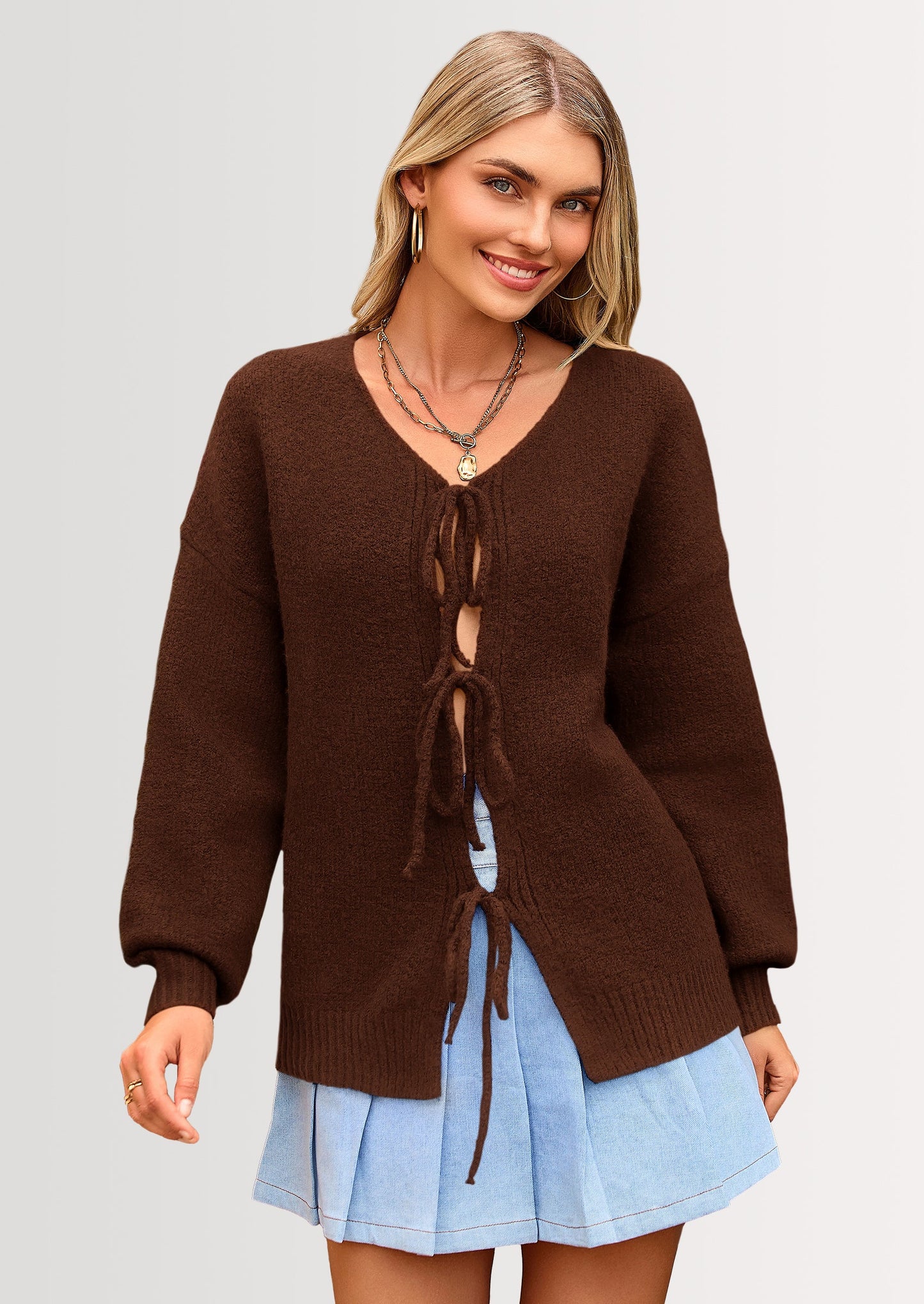 Women's Tie Front Bow Cardigan Sweaters Chunky Knit Long Puff Sleeve Trendy Fall Winter Jacket Coats