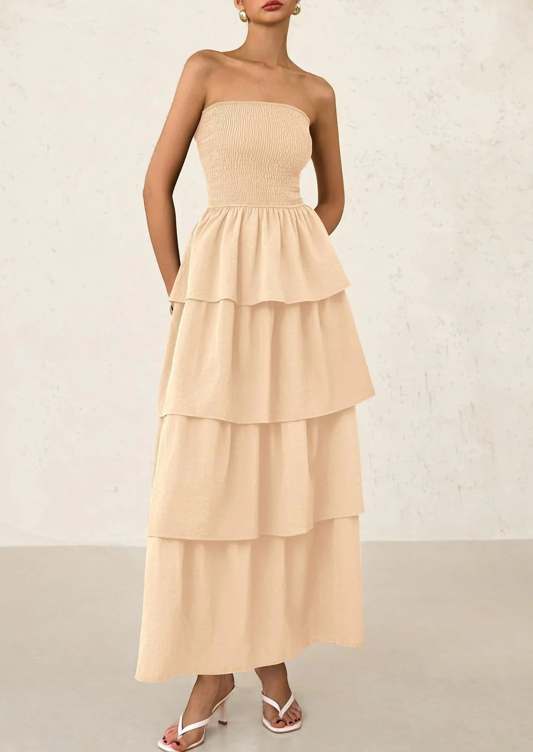 Maxi Dresses for Women Off Shoulder Smocked Tiered Ruffle Long Flowy Wedding Guest Dress
