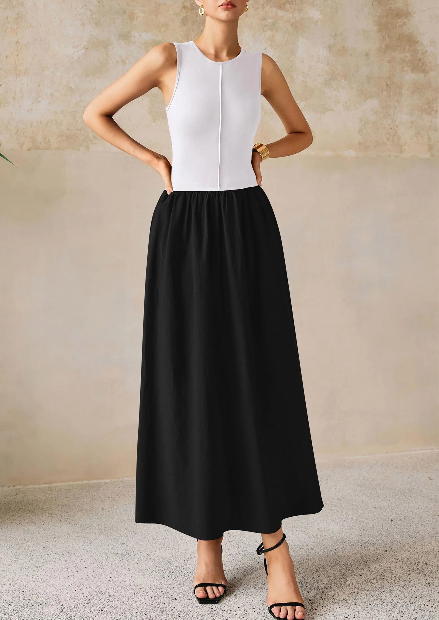 Women Maxi Dresses Casual Sleeveless Patchwork Knit Tank Dress Flowy Beach Sundress Long Dress