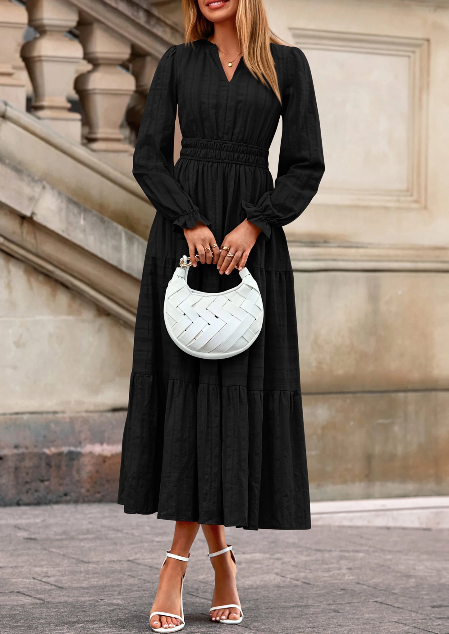 Women's Fall Wedding Guest Dresses Long Sleeve V Neck Flowy Elegant Holiday Party Maxi Dress with Pockets