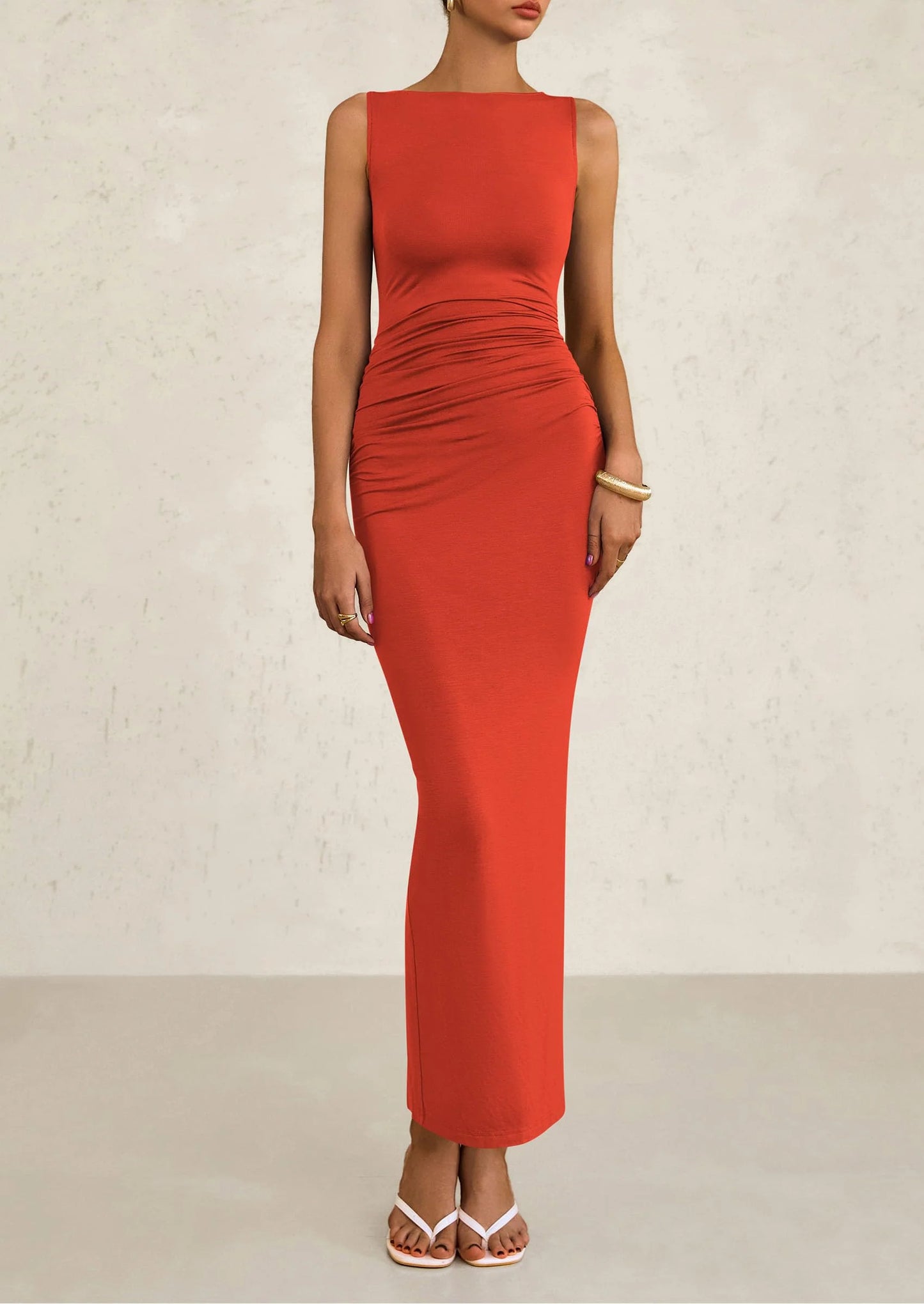 Women's Semi Formal Midi Dresses Sleeveless Ruched Bodycon Long Elegant Cocktail Wedding Guest Dress