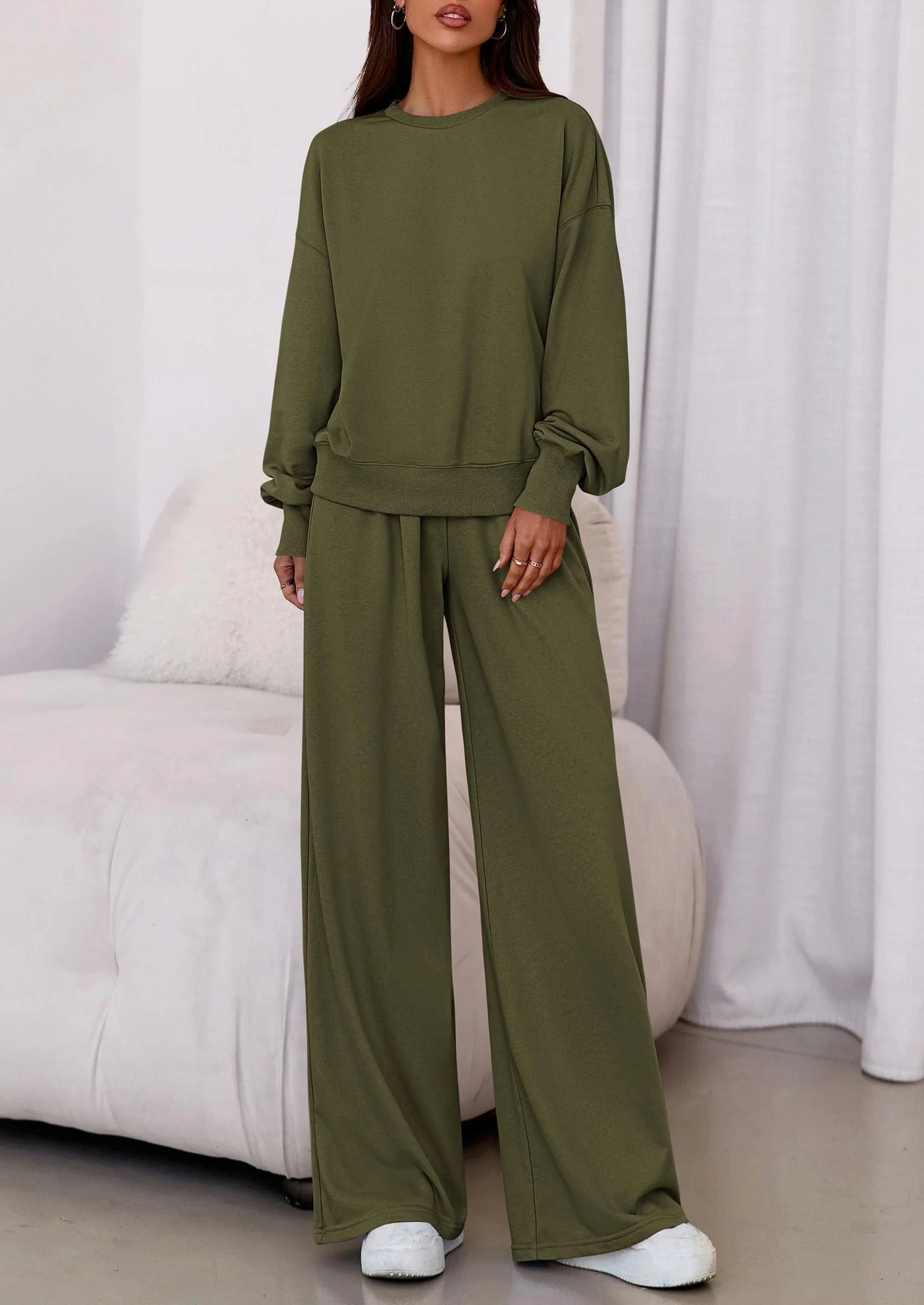 Womens 2 Piece Sets Long Sleeve Sweatshirt Wide Leg Pants Loose Matching Lounge Set Trendy Fall Outfits