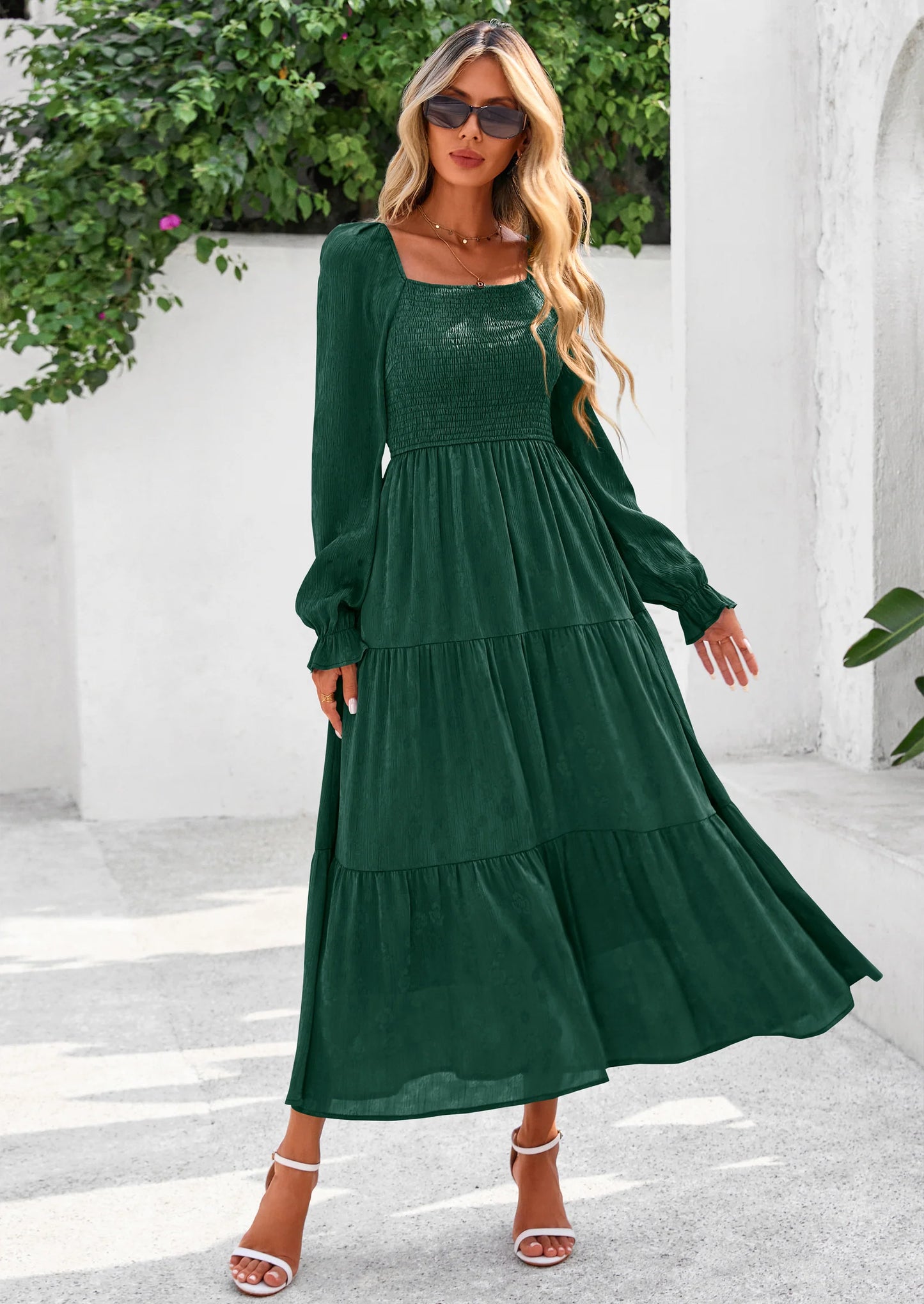 Fall Wedding Guest Dresses for Women Floral Long Sleeve Smocked Tiered Elegant Long Flowy Boho Dress