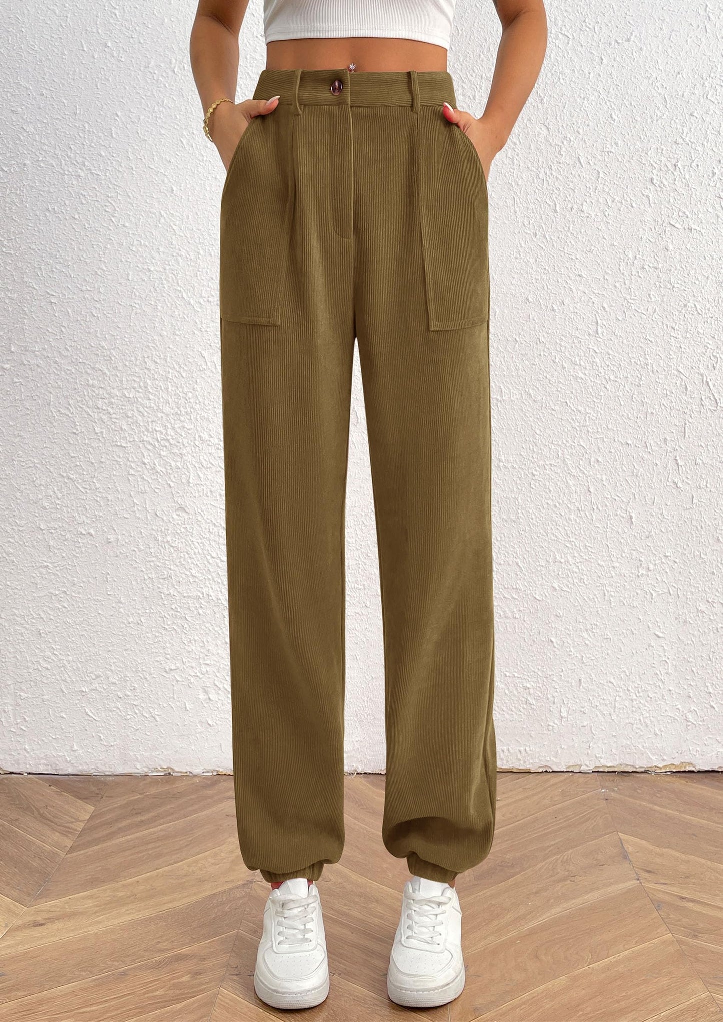 Women's Pants Dressy Casual Fall Elastic High Waisted Work Office Corduroy Trouser Slacks with Pockets