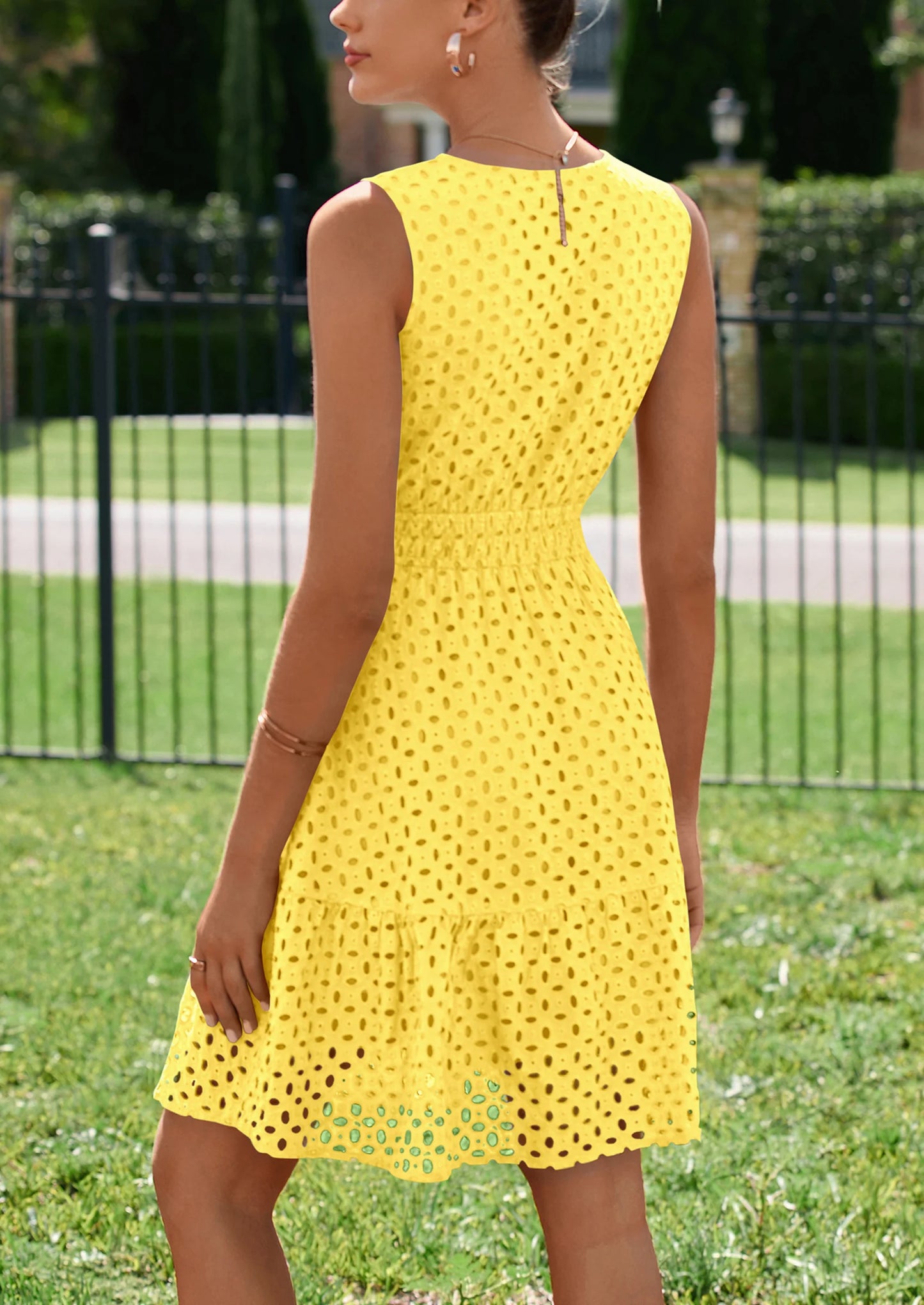 Women's Summer Dresses Sleeveless V Neck Eyelet Hollow Out Swing A Line Beach Vacation Sun Dress