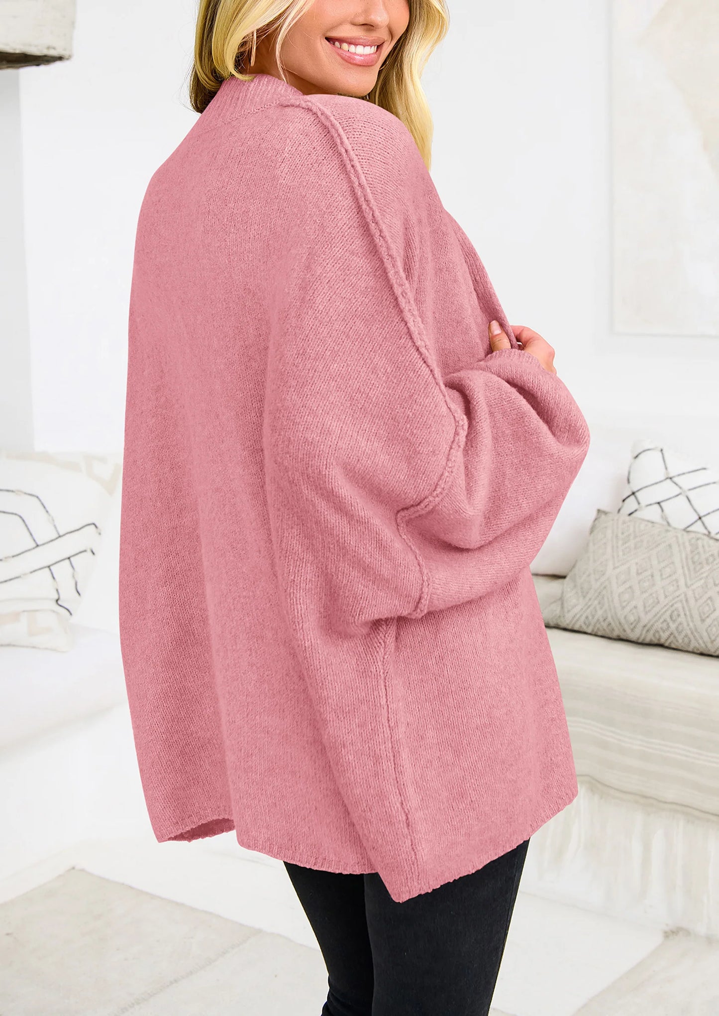 Women's Winter Button Down Cardigan Sweaters Mock Neck Lantern Long Sleeve Chunky Knit Jacket Trendy Outerwear