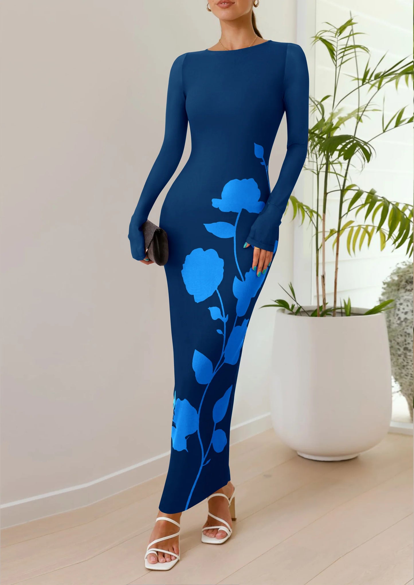 Bodycon Maxi Dress Fall Floral Long Sleeve Sexy Mesh Cocktail Wedding Guest Long Dresses