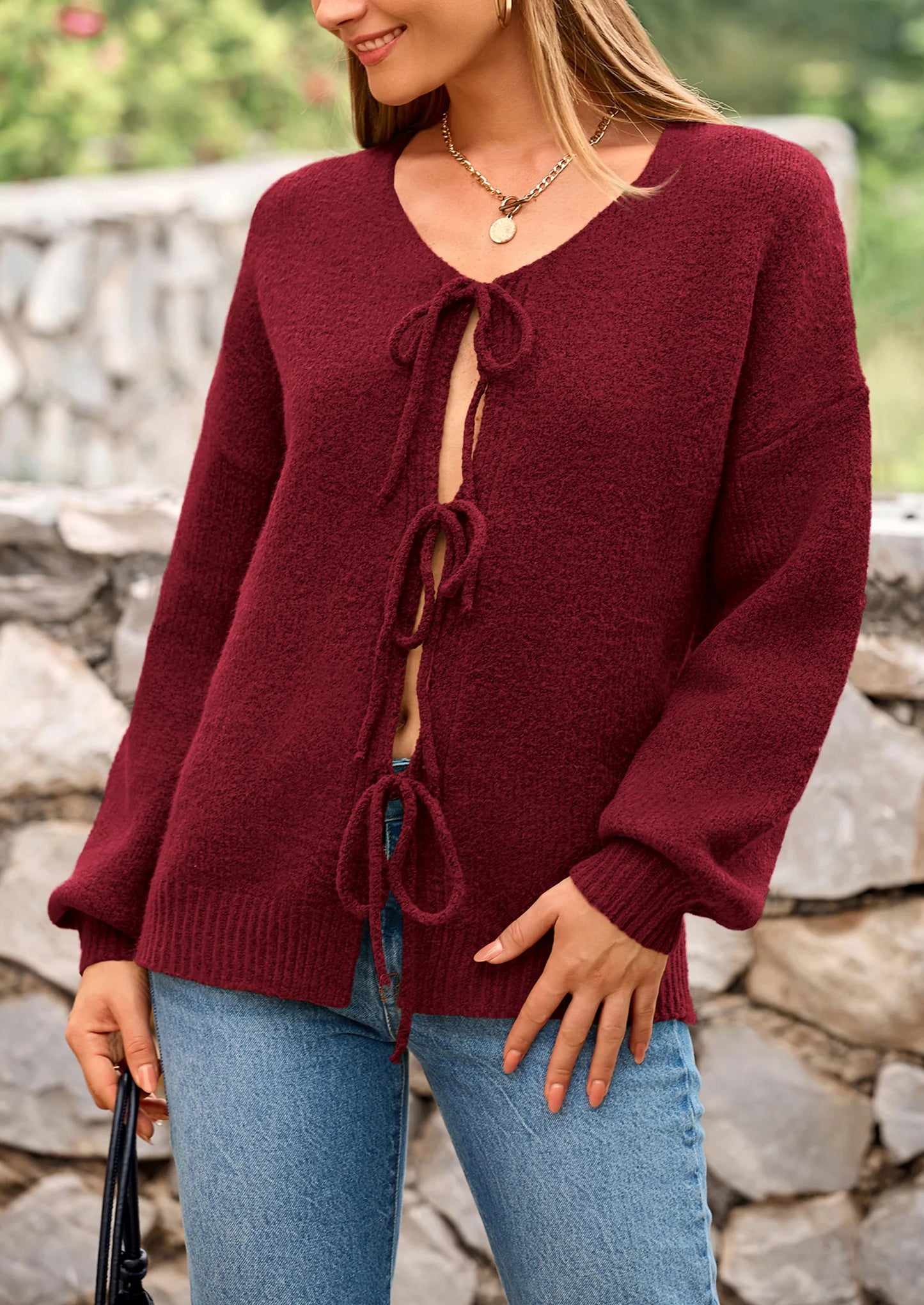 Women's Tie Front Bow Cardigan Sweaters Chunky Knit Long Puff Sleeve Trendy Fall Winter Jacket Coats