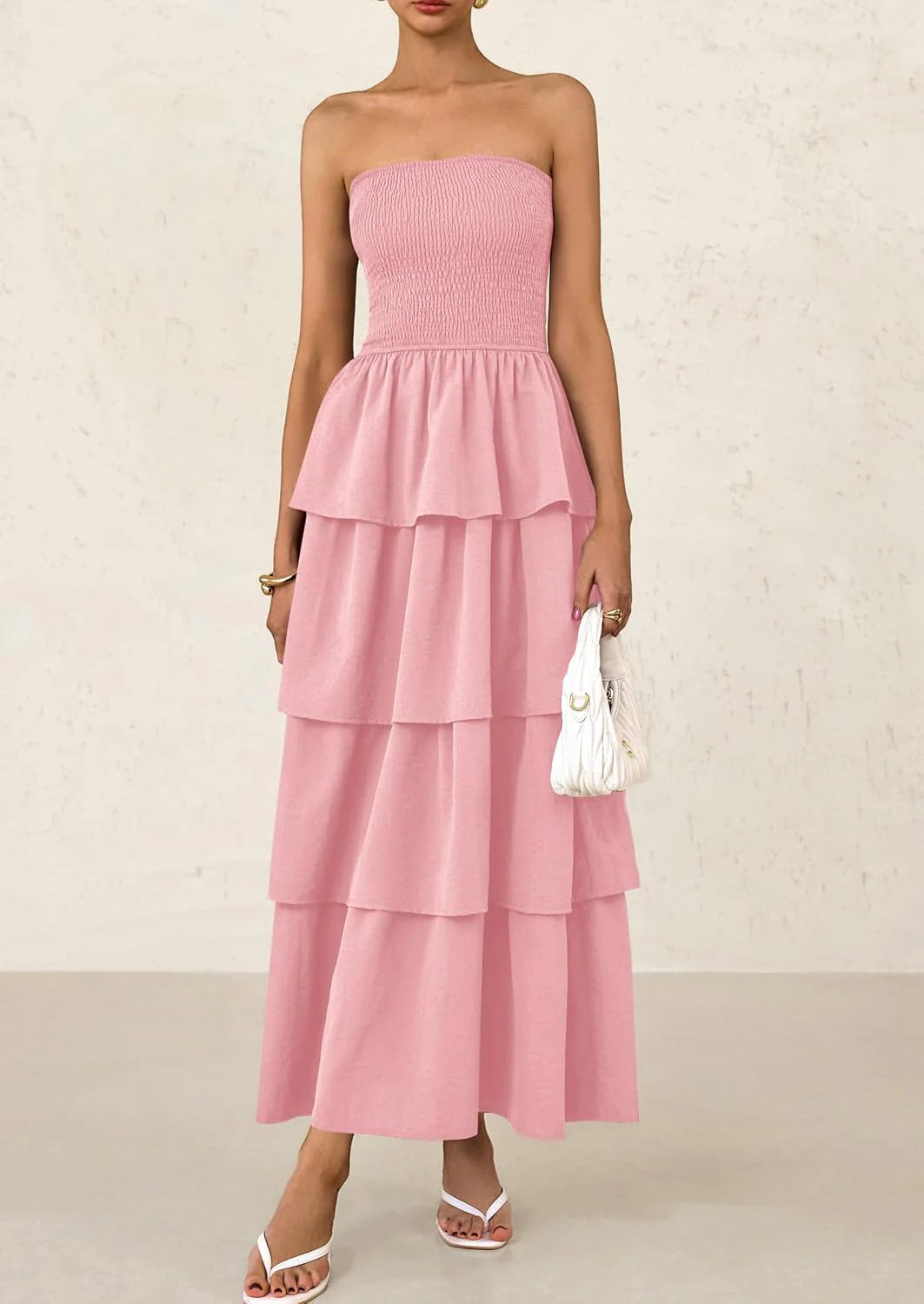 Maxi Dresses for Women Off Shoulder Smocked Tiered Ruffle Long Flowy Wedding Guest Dress