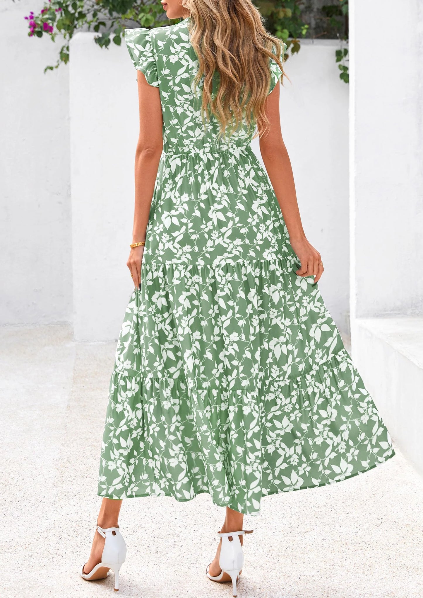 Women's Summer Floral Midi Dress Cap Sleeve V Neck Ruffle Long Flowy Boho Casual Beach Vacation Dresses