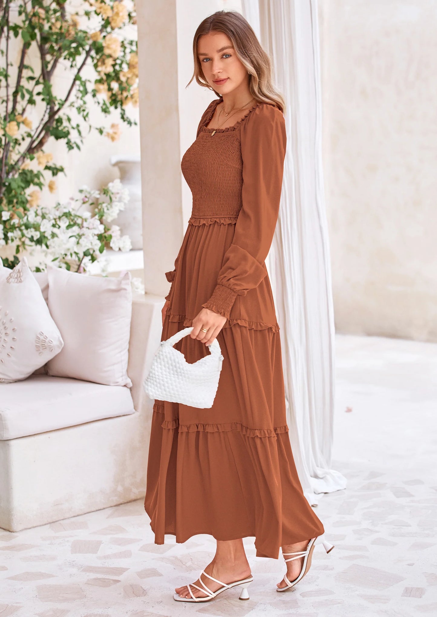 Fall Wedding Guest Dresses for Women Long Sleeve Square Neck Tiered A Line Modest Elegant Flowy Dresses