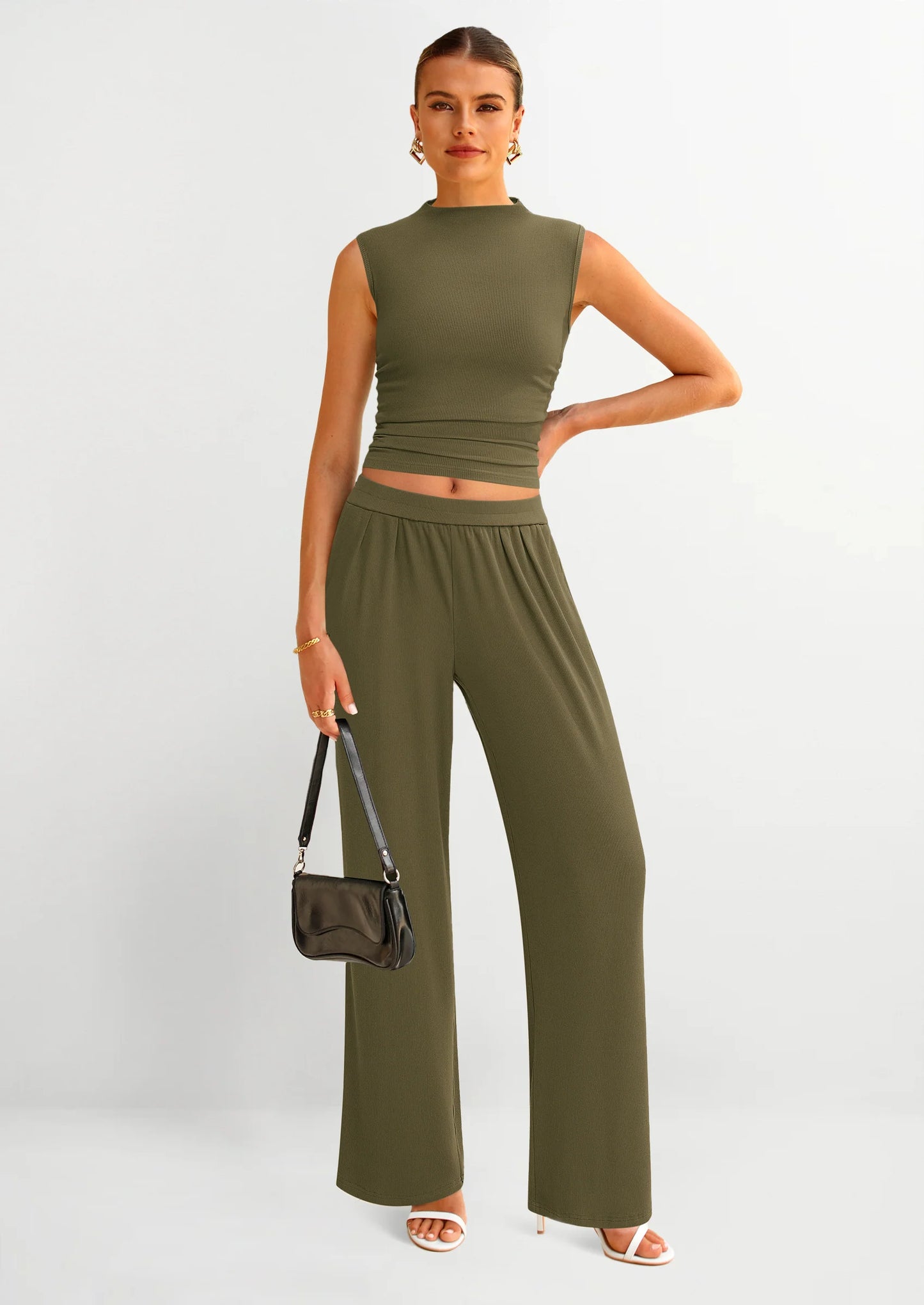 2 Piece Sets for Women Summer Airport Travel Outfits Crop Tank Tops Wide Leg Pants Matching Lounge Sets