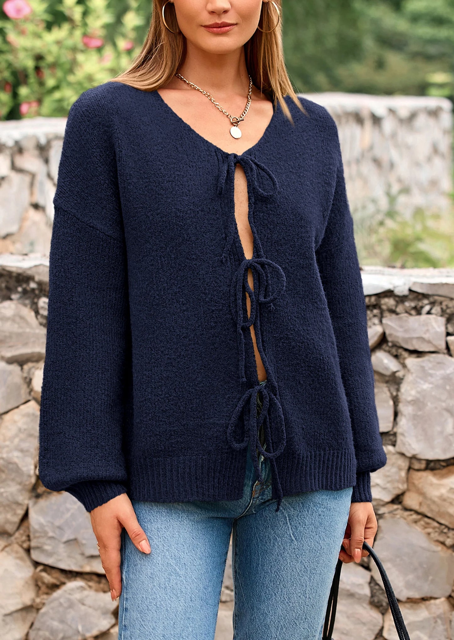 Women's Tie Front Bow Cardigan Sweaters Chunky Knit Long Puff Sleeve Trendy Fall Winter Jacket Coats