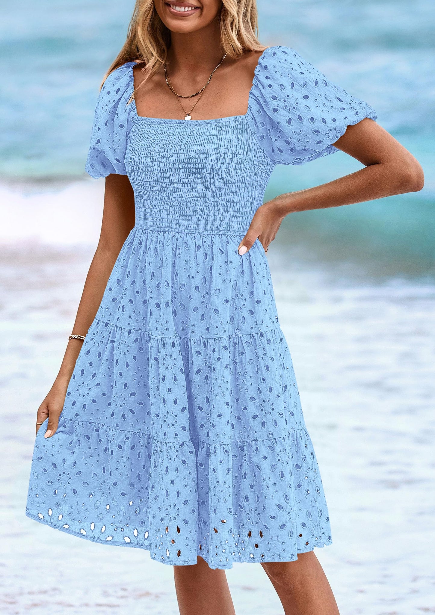 Womens Summer Puff Sleeve Mini Dress Off Shoulder Eyelet Smocked A Line Casual Babydoll Short Dresses