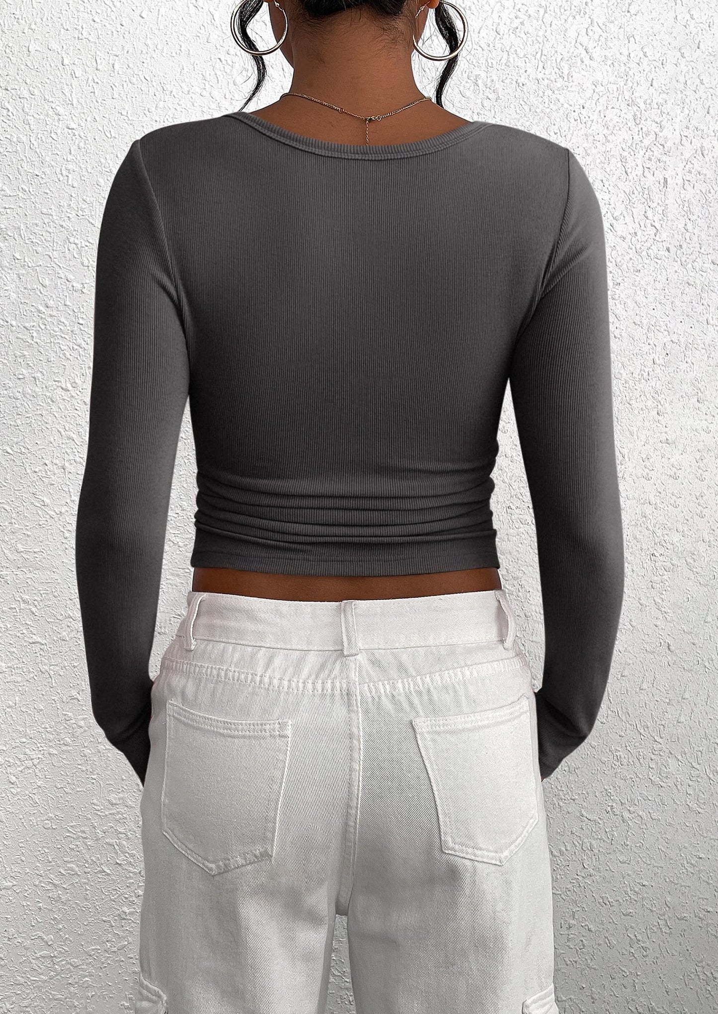 Women's Spring Fall Long Sleeve Henley T Shirts Button Ribbed Knit Slim Fit Casual Basic Tops Blouse