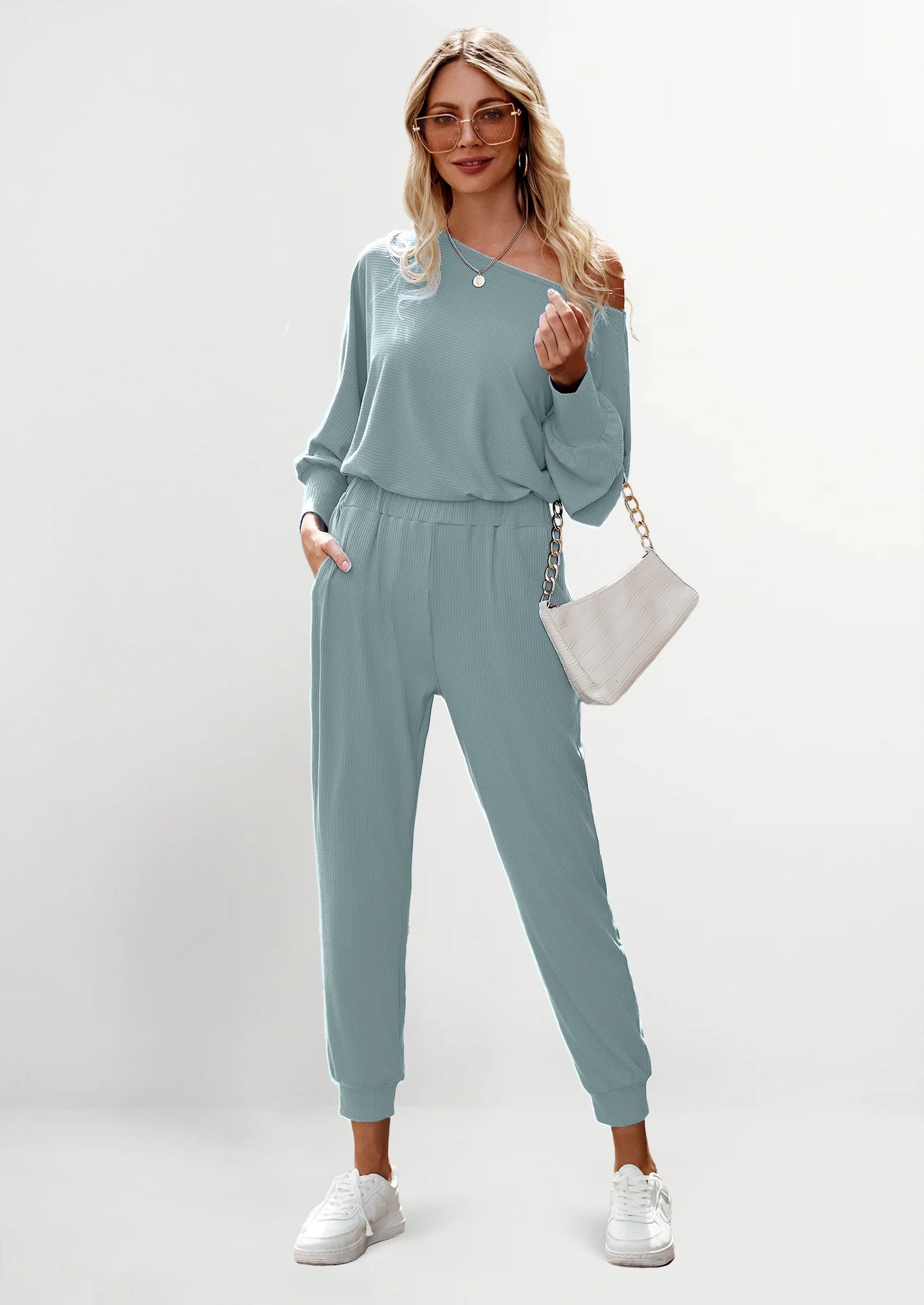 Women's 2 Piece Ribbed Tracksuit Outfits Off Shoulder Long Sleeve Pullover Lounge Pants with Pockets