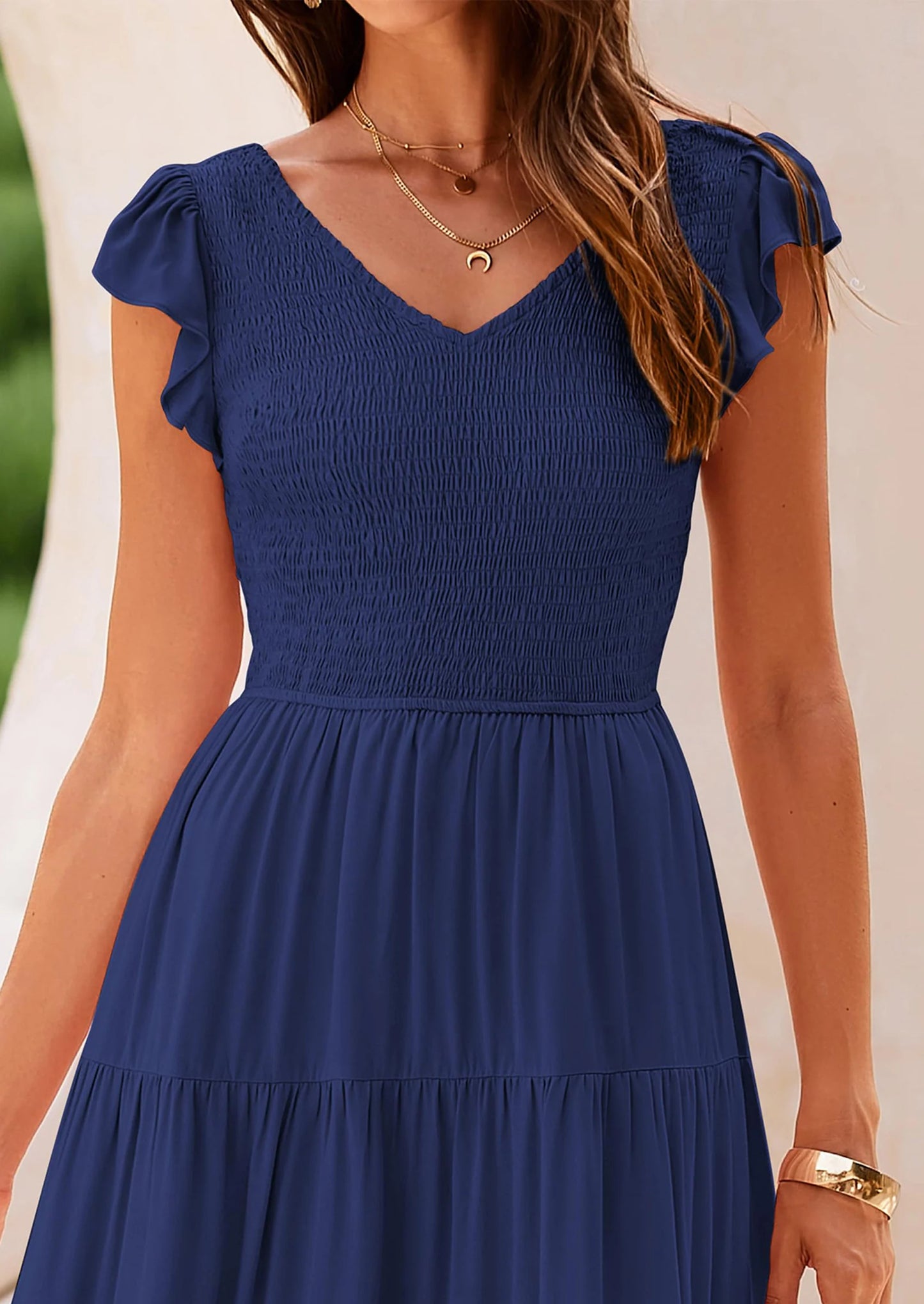 Women's Flowy Maxi Dress Casual Cap Sleeve V Neck Smocked Beach Sundress