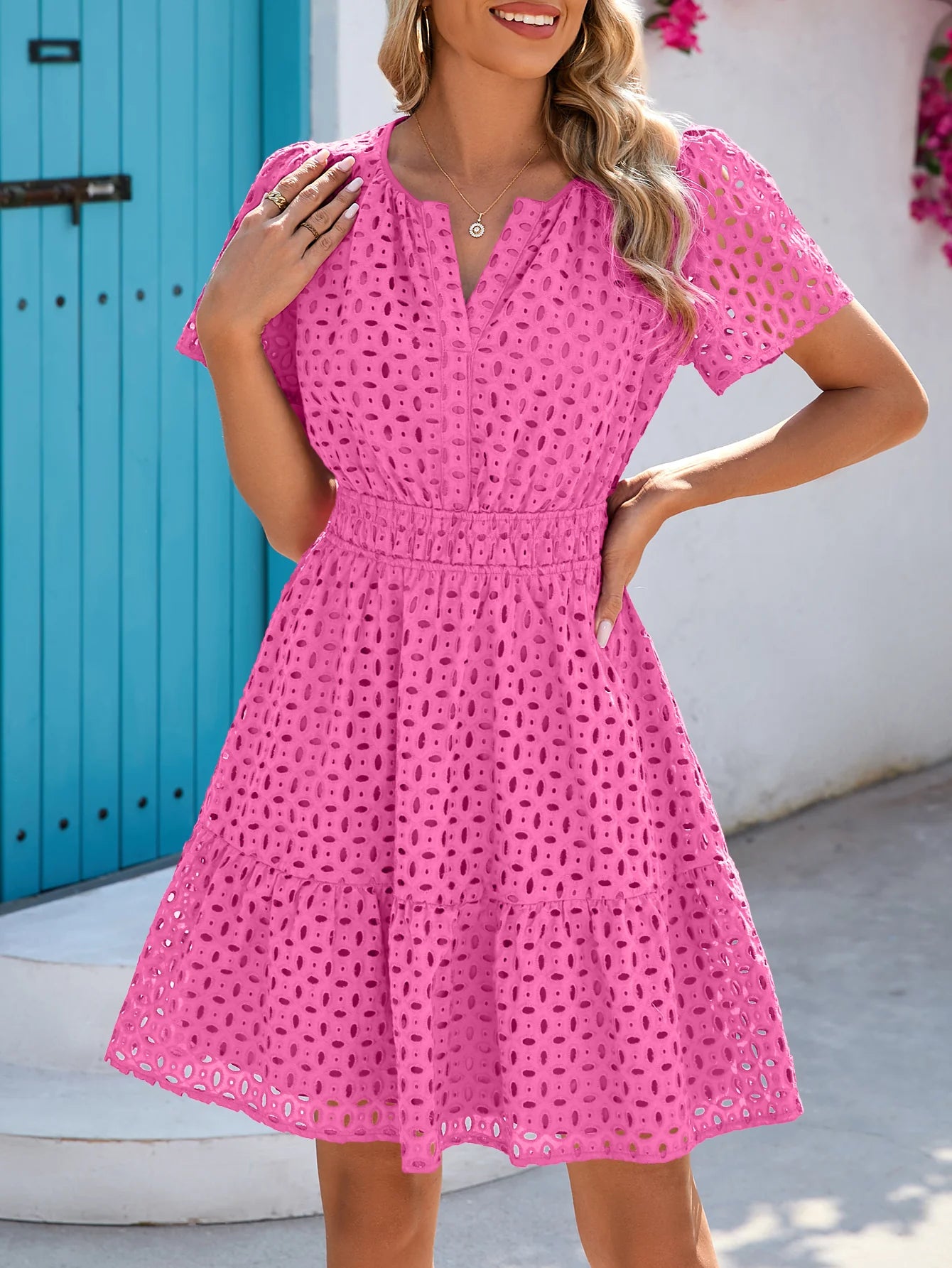 Women Summer Short Dress V Neck Short Sleeve A Line Hollow Out Lace Ruffle Cute Casual Beach Party Dresses