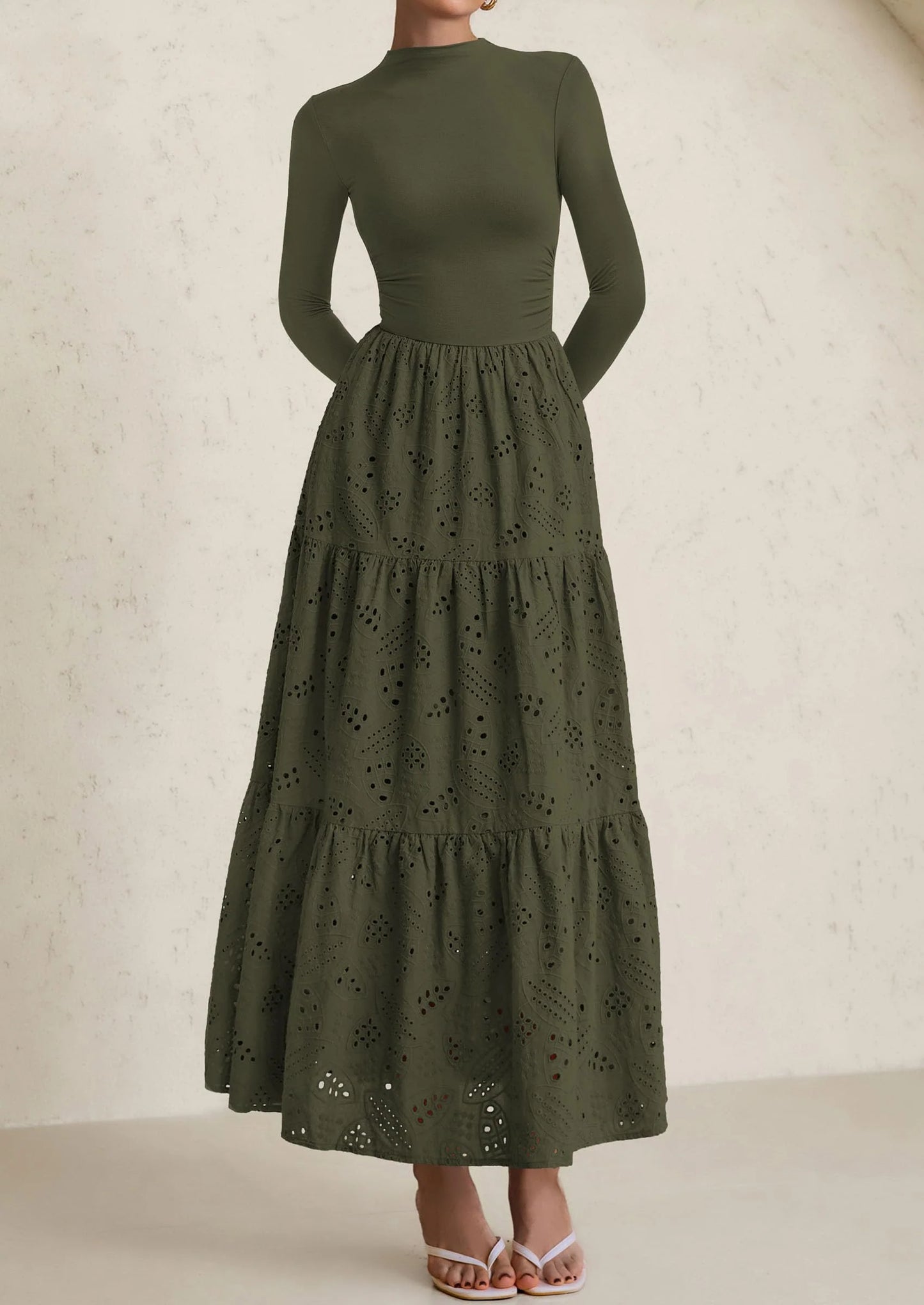 Long Sleeve Dress for Women Fall Eyelet Mock Neck A Line Elegant Classy Maxi Wedding Guest Dresses Pockets