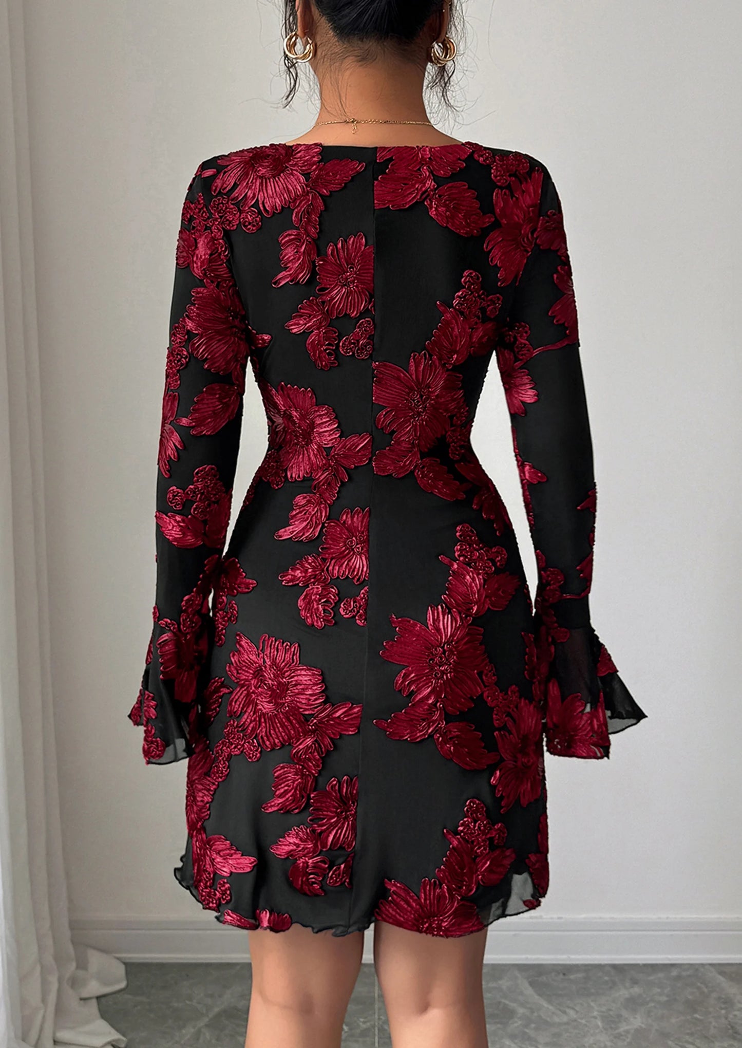 Women's Floral Embroidered Dress Fall Long Bell Sleeve Ribbon Flower Mini Short Mesh Bodycon Party Dresses