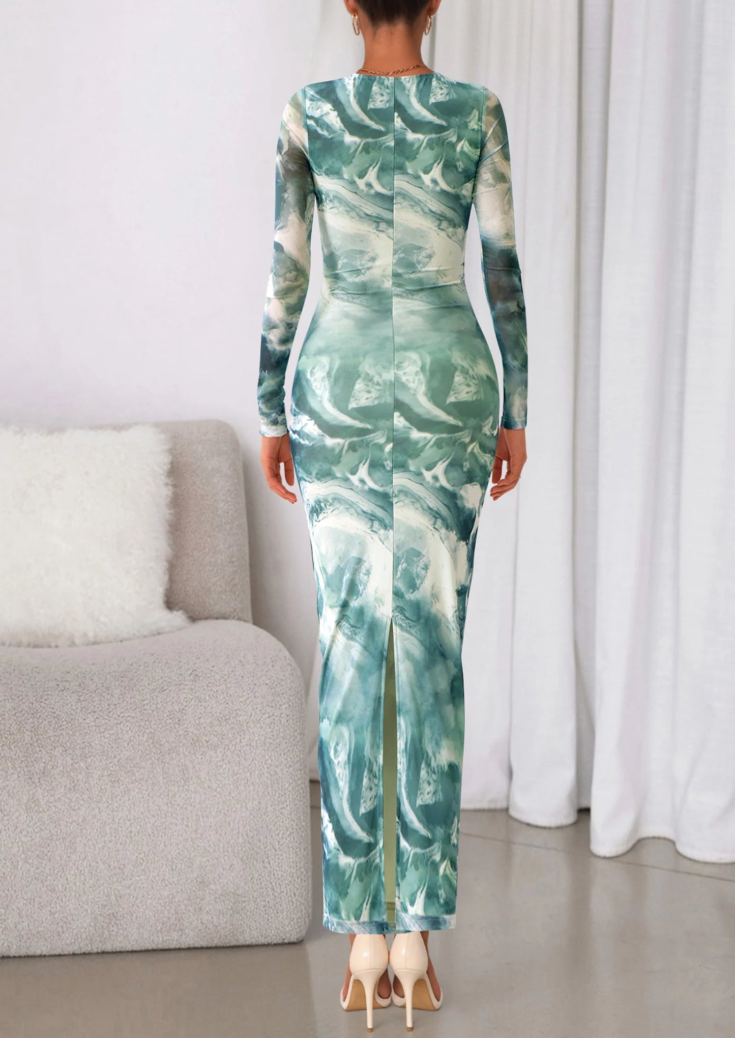 Women's Fall Wedding Guest Dresses Long Sleeve Fitted Ruched Slit Bodycon Mesh Floral Party Maxi Dress