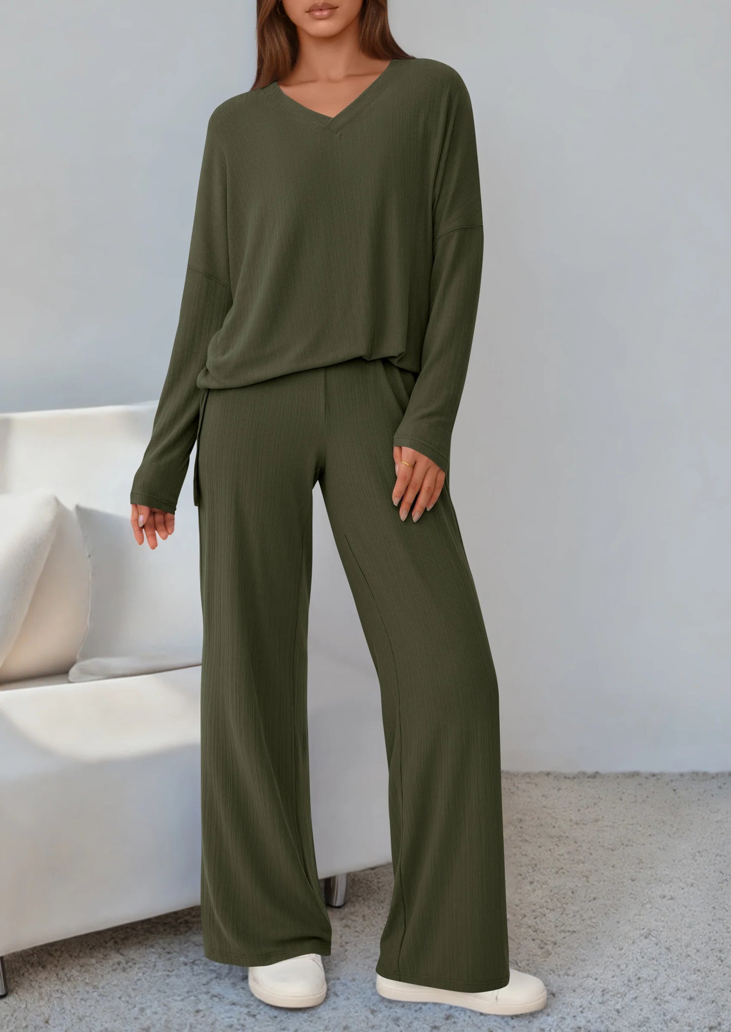 2 Piece Lounge Sets for Women Fall Outfits Casual Loose Long Sleeve Tops Wide Leg Pants Matching Pajama Set