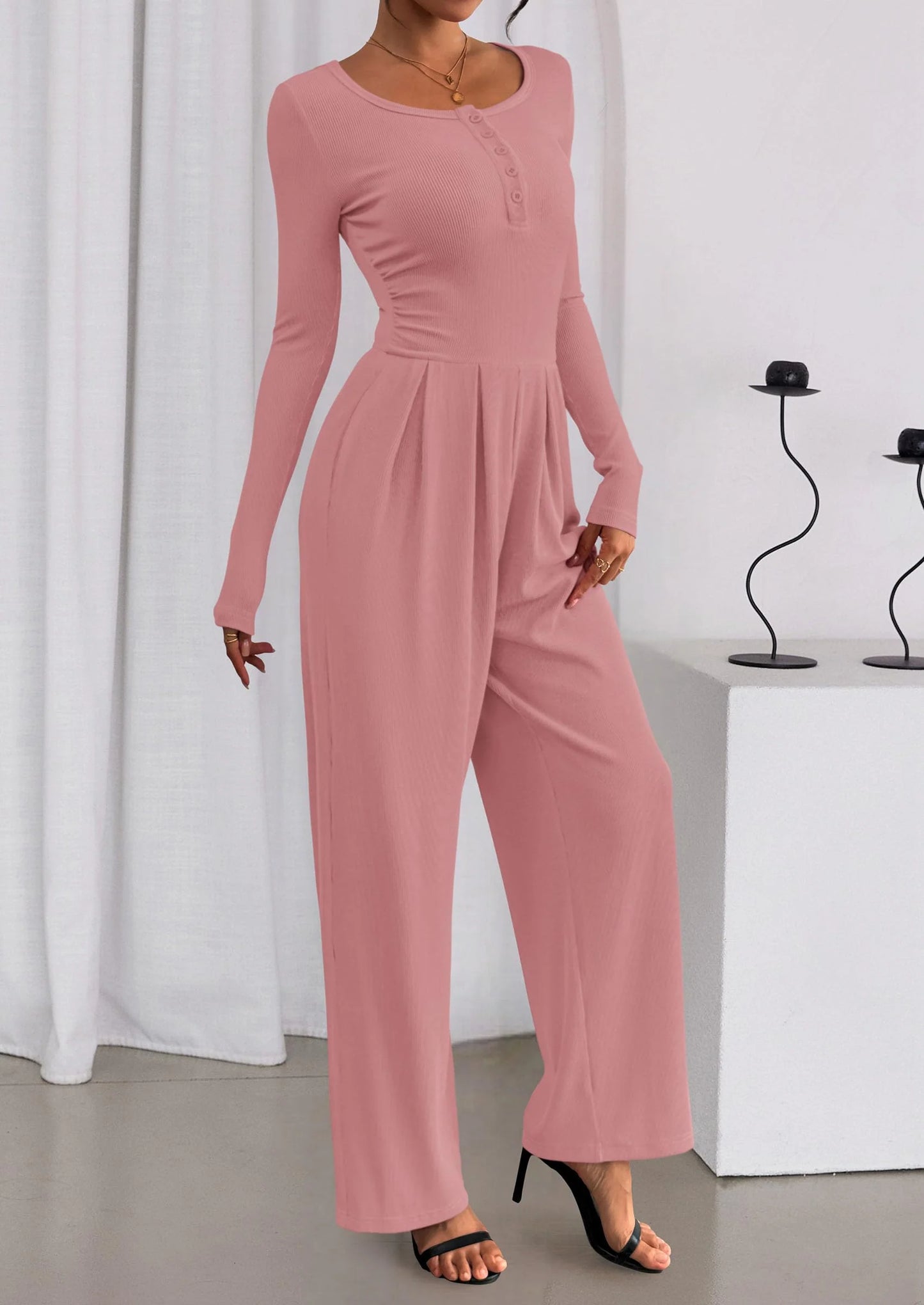 Jumpsuits for Women Dressy Casual Fall One Piece Outfits Long Sleeve Crew Neck Wide Leg Pants Rompers