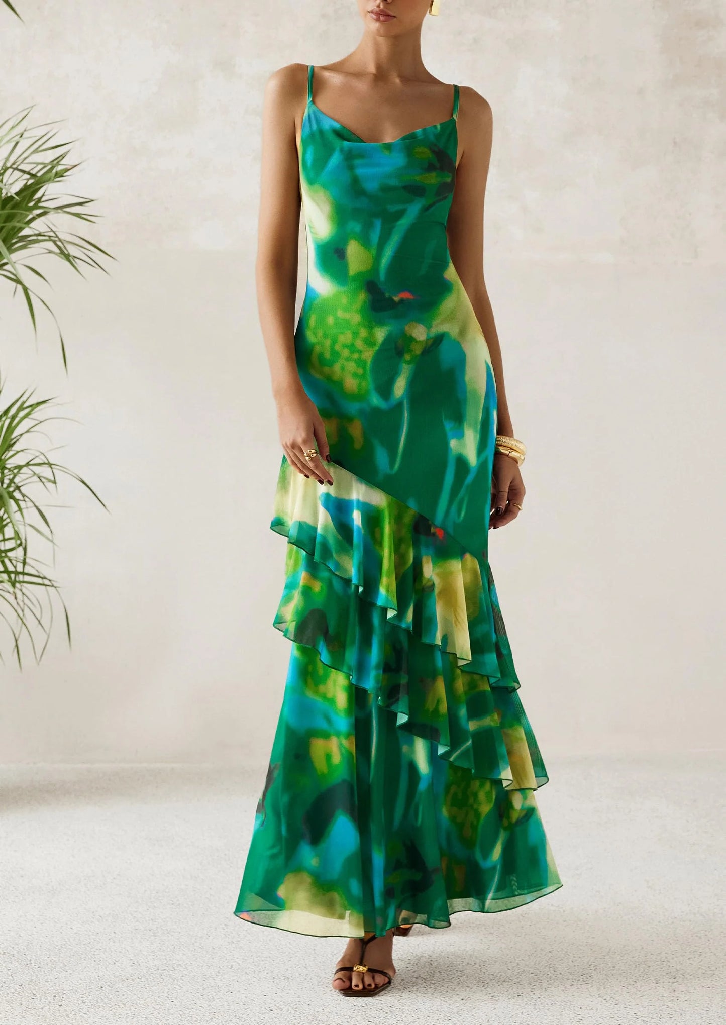 Maxi Dresses for Women Floral Beach Sundress Spaghetti Strap Tiered Wedding Guest Long Dress