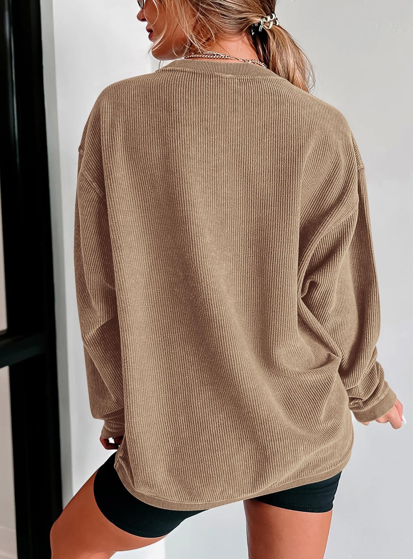 Women's Oversized Sweatshirt 2025 Fall Fashion Clothes Ribbed Corduroy Long Sleeve Going Out Pullover Tops