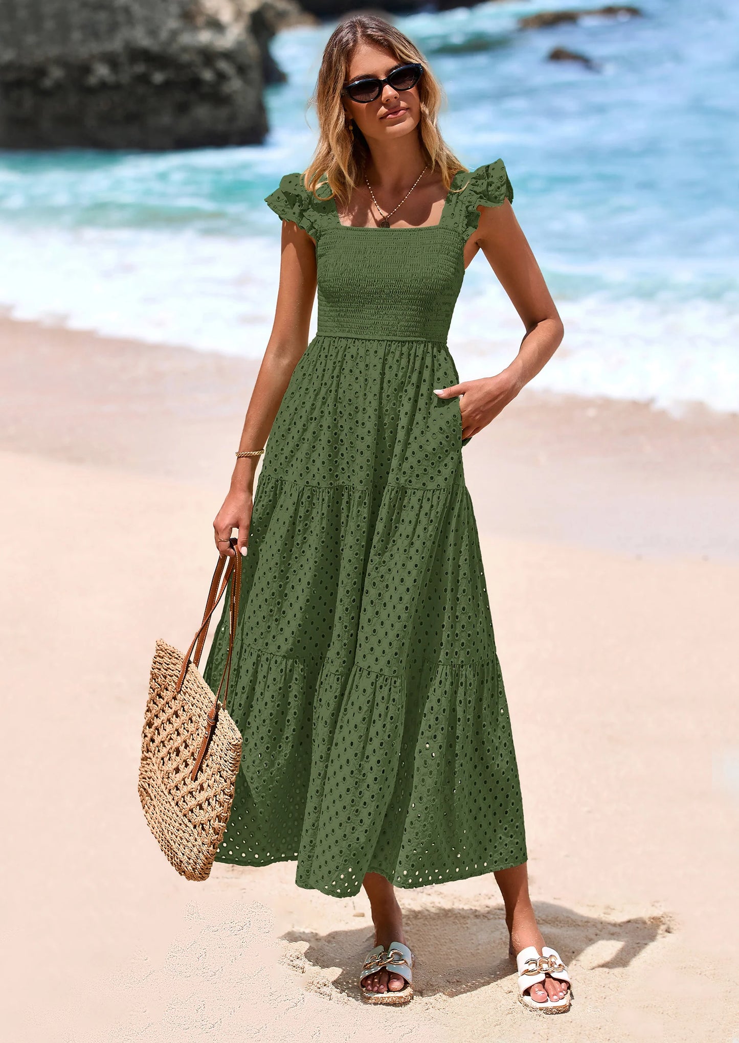 Womens Square Neck Maxi Dresses Cap Sleeve Eyelet Smocked Tiered A Line Flowy Long Dress with Pockets