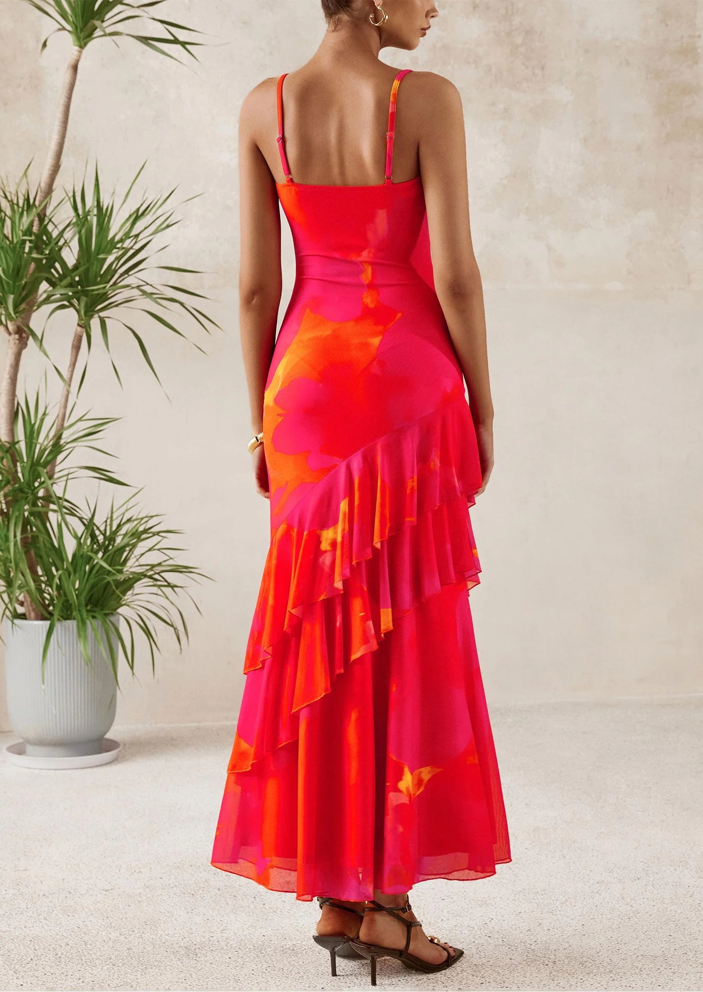 Maxi Dresses for Women Floral Beach Sundress Spaghetti Strap Tiered Wedding Guest Long Dress
