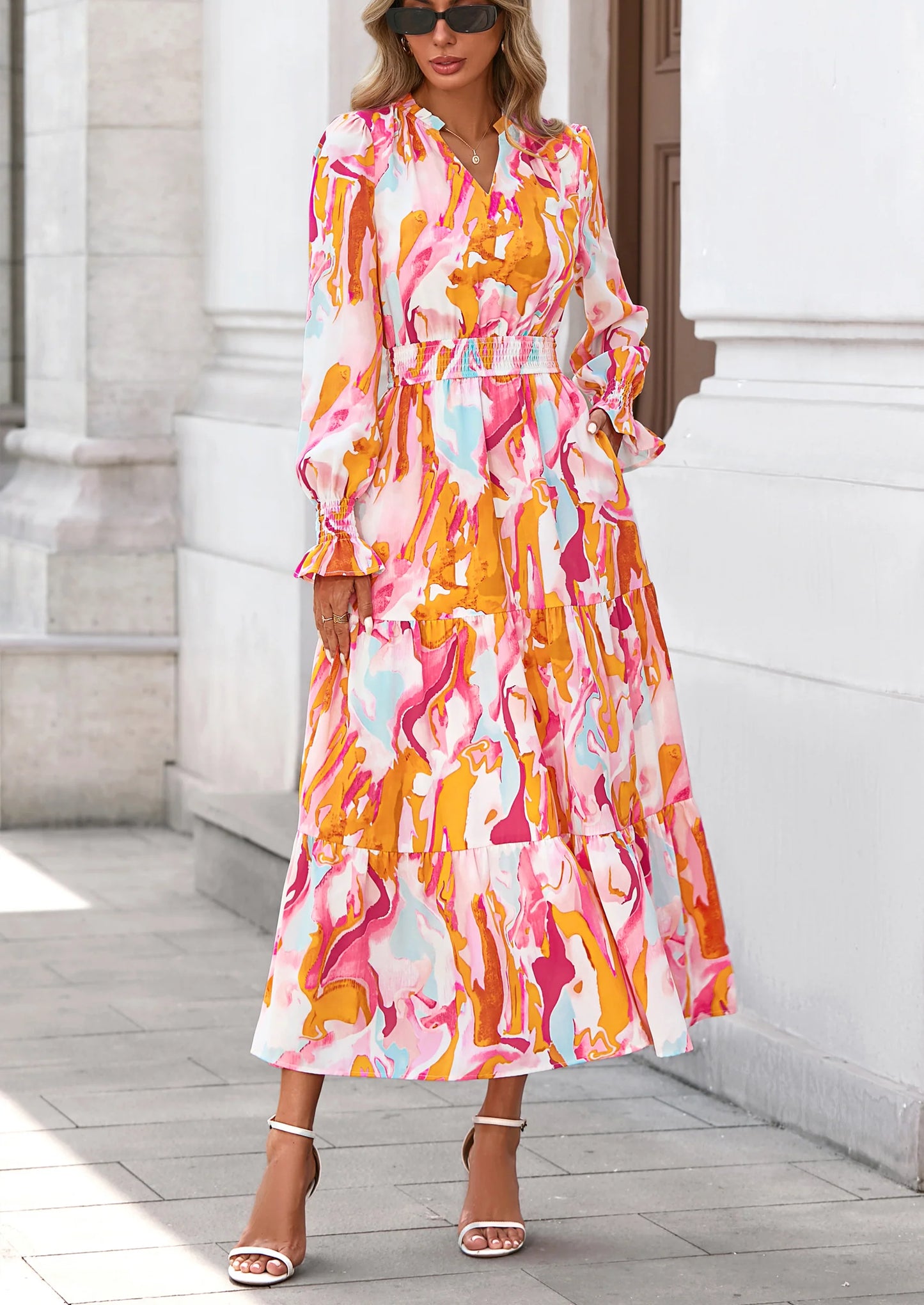 Women's Floral Maxi Dress Spring Long Sleeve V Neck Casual A Line Long Flowy Boho Party Dresses