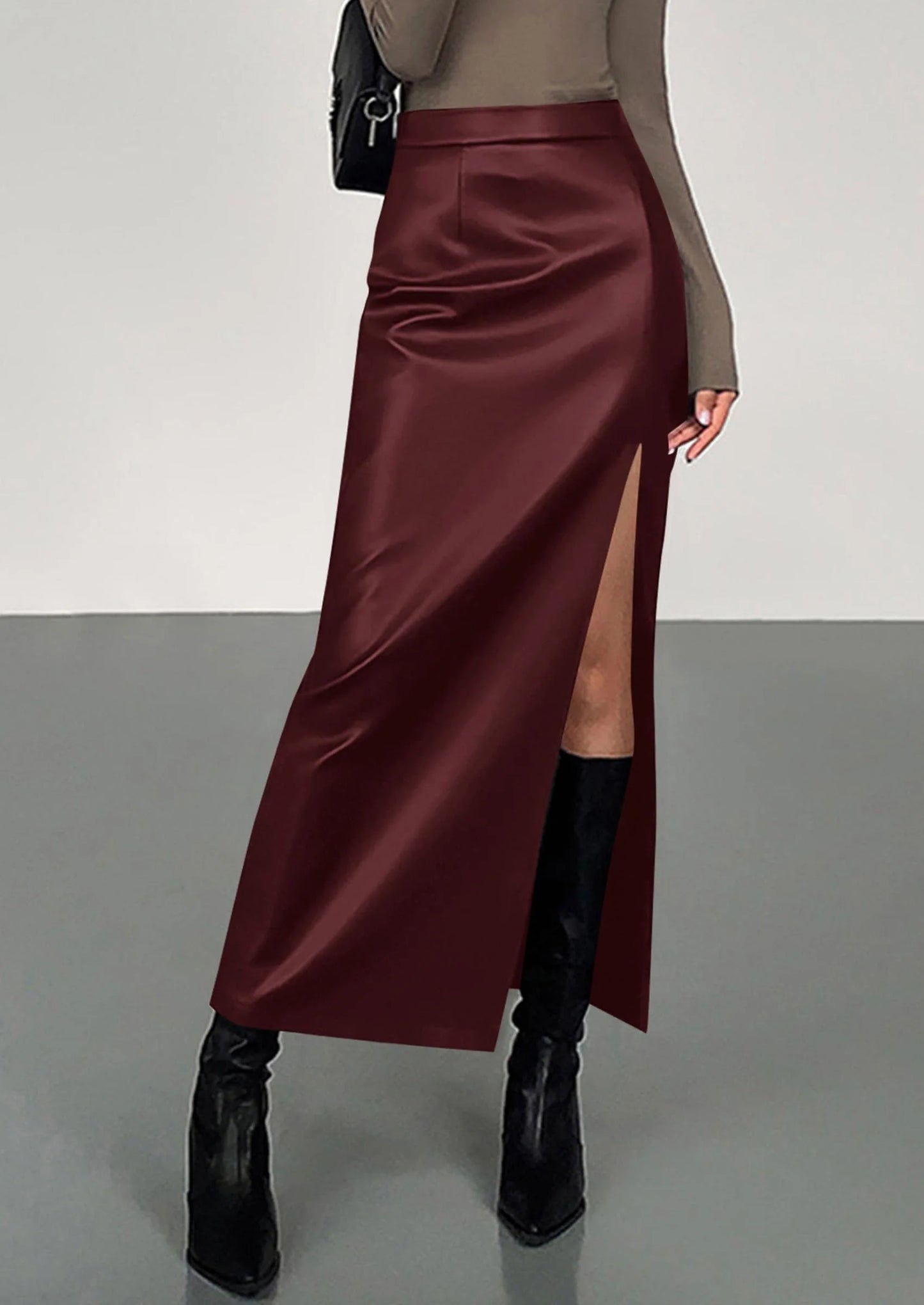 Womens Faux Leather Skirt Fall Bodycon High Waisted Slit Dressy Casual Winter Maxi Long Pencil Skirts