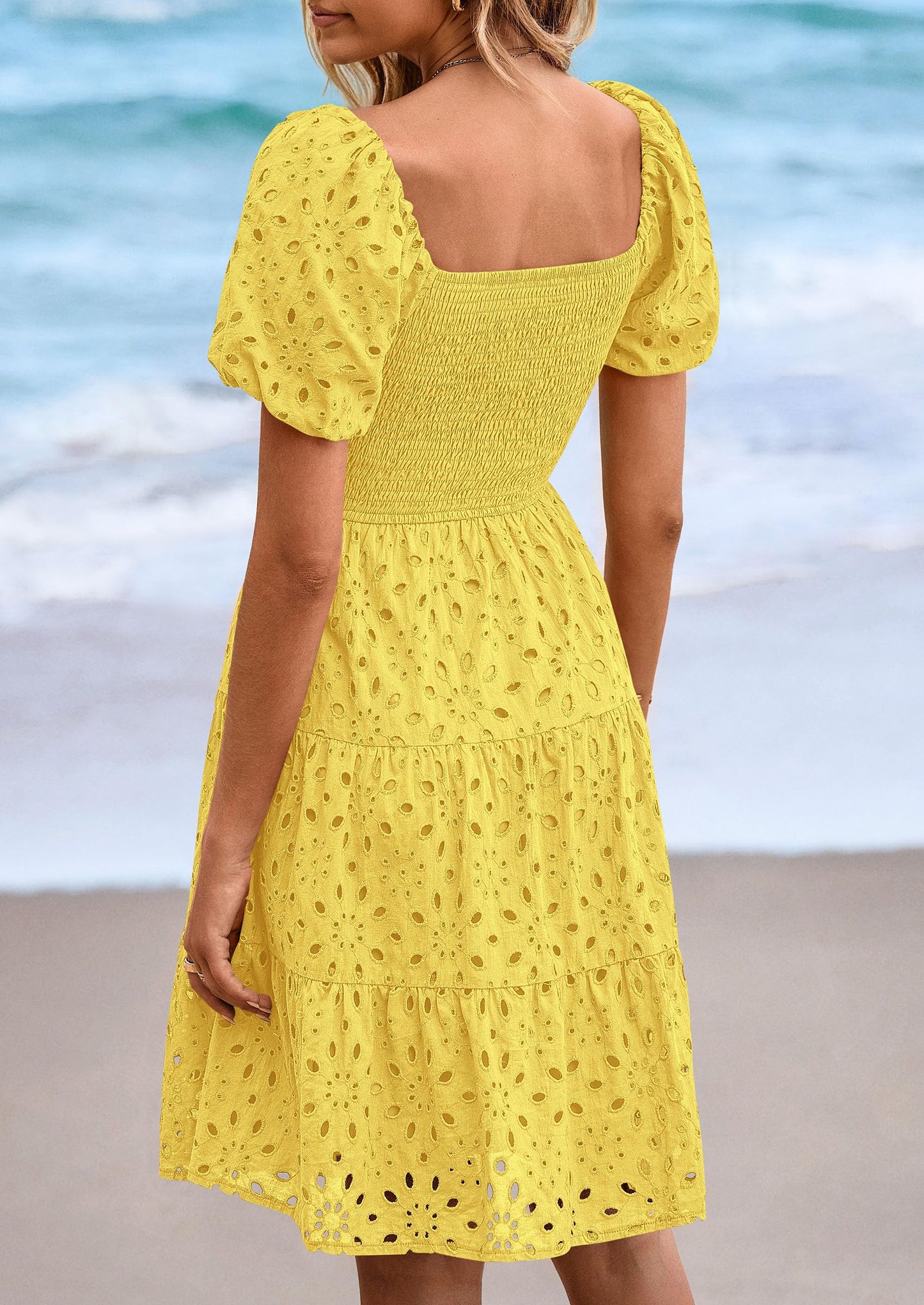 Womens Summer Puff Sleeve Mini Dress Off Shoulder Eyelet Smocked A Line Casual Babydoll Short Dresses