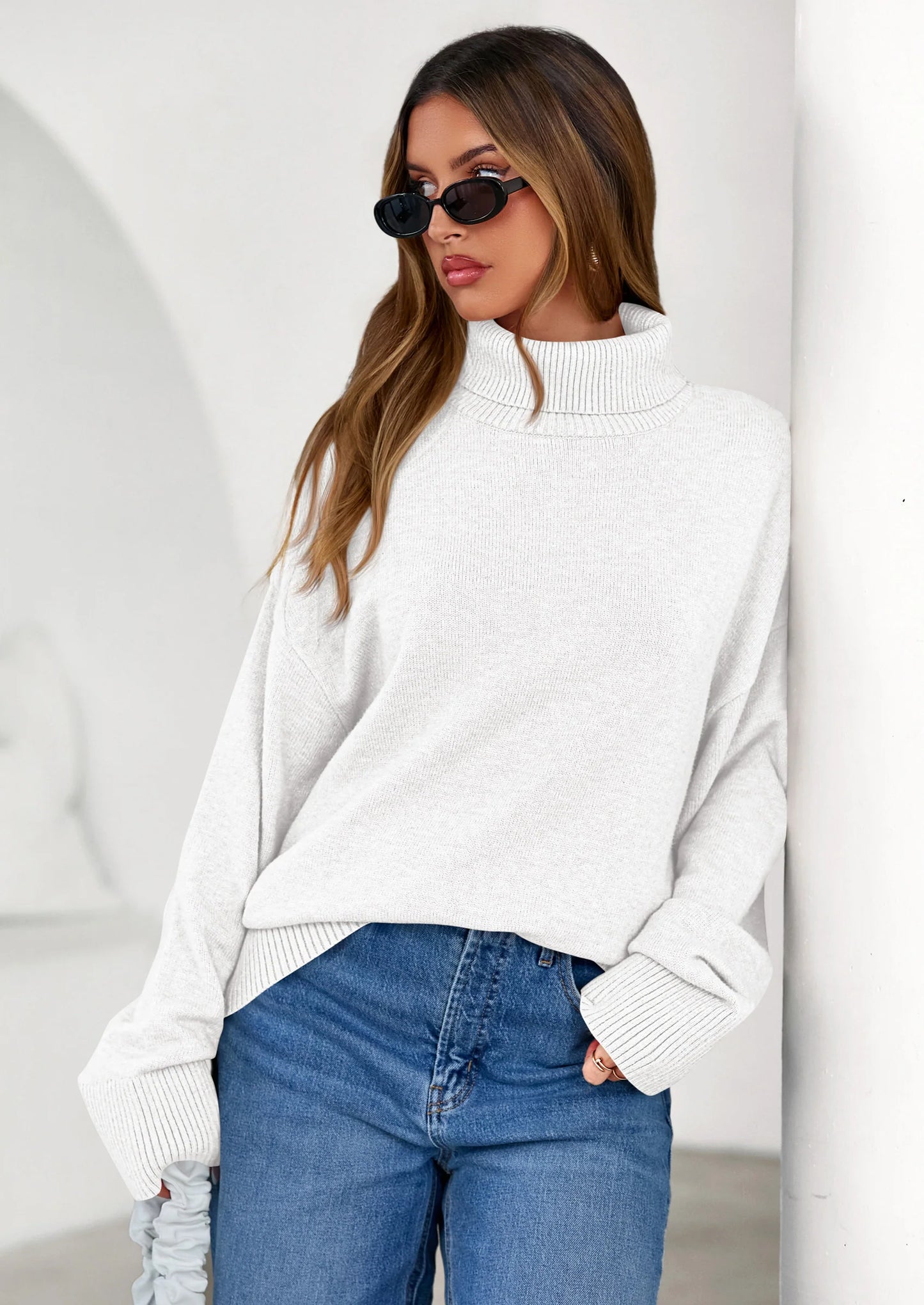 Womens Turtleneck Long Sleeve Sweater Fall Trendy Loose Fit Casual Tops Chunky Knit Pullover Sweaters