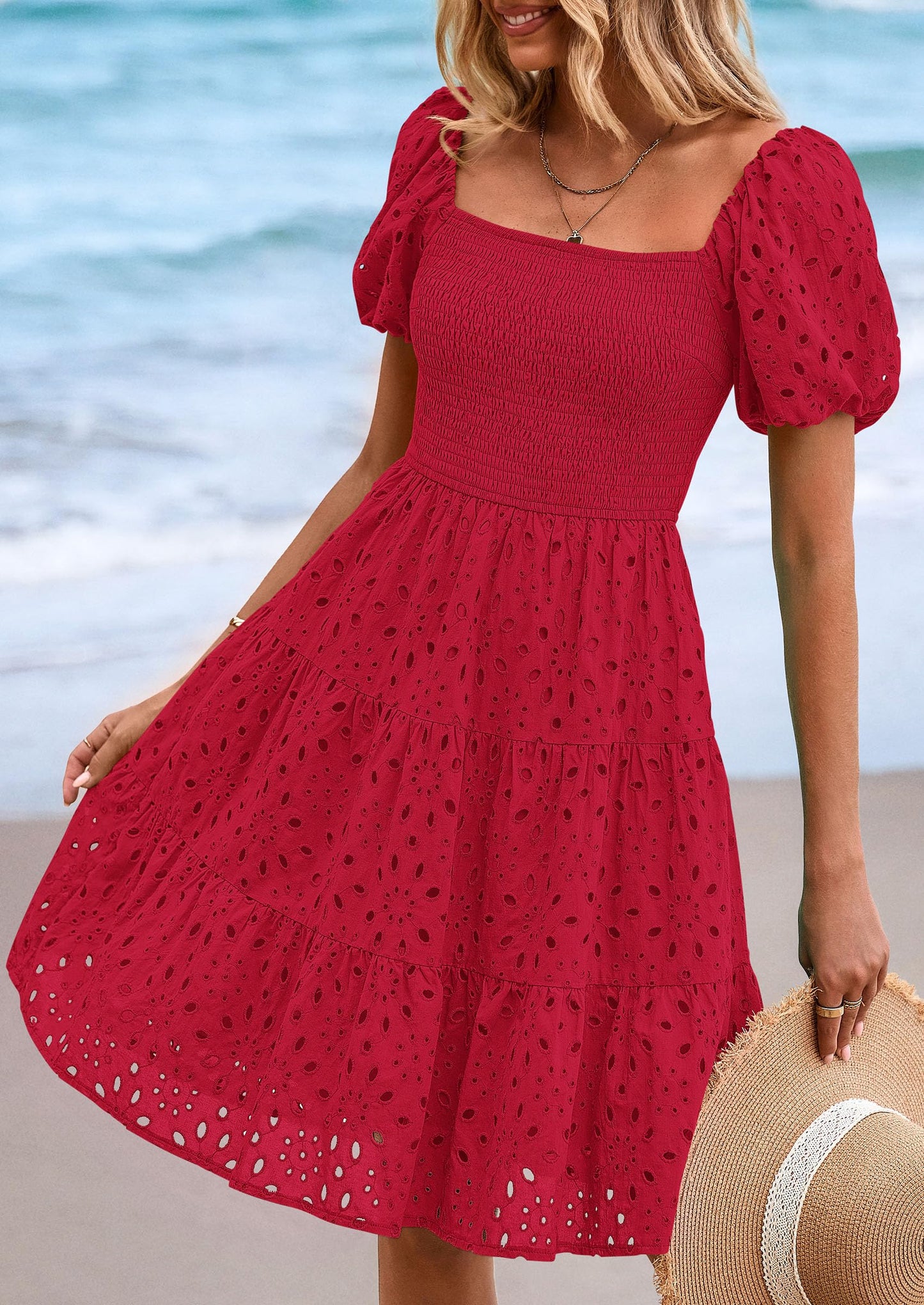 Womens Summer Puff Sleeve Mini Dress Off Shoulder Eyelet Smocked A Line Casual Babydoll Short Dresses