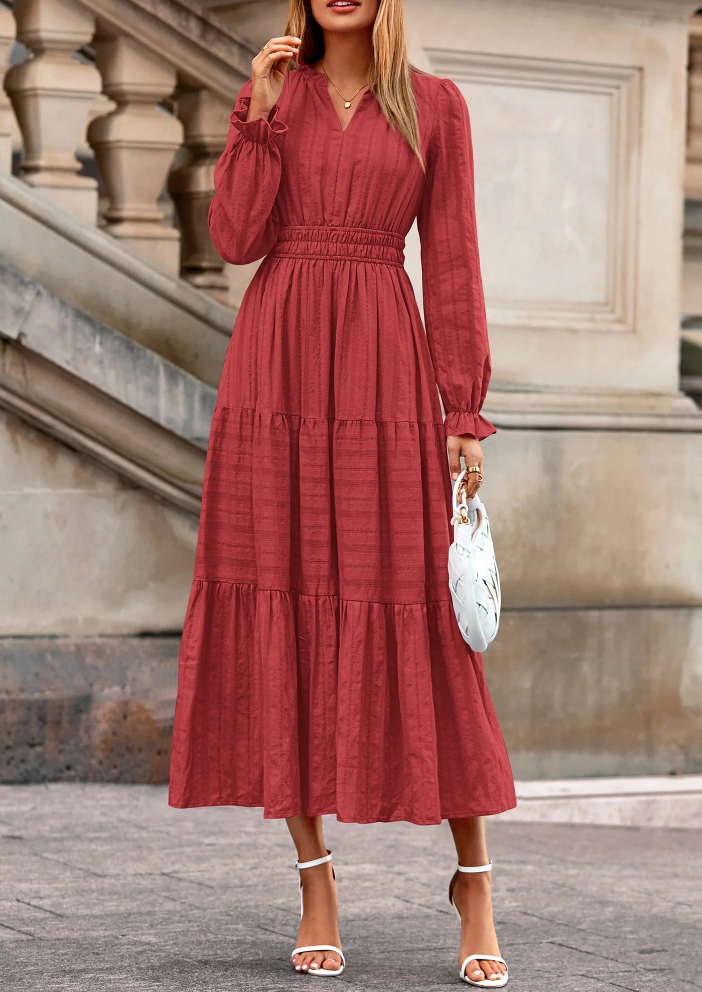 Women's Fall Wedding Guest Dresses Long Sleeve V Neck Flowy Elegant Holiday Party Maxi Dress with Pockets
