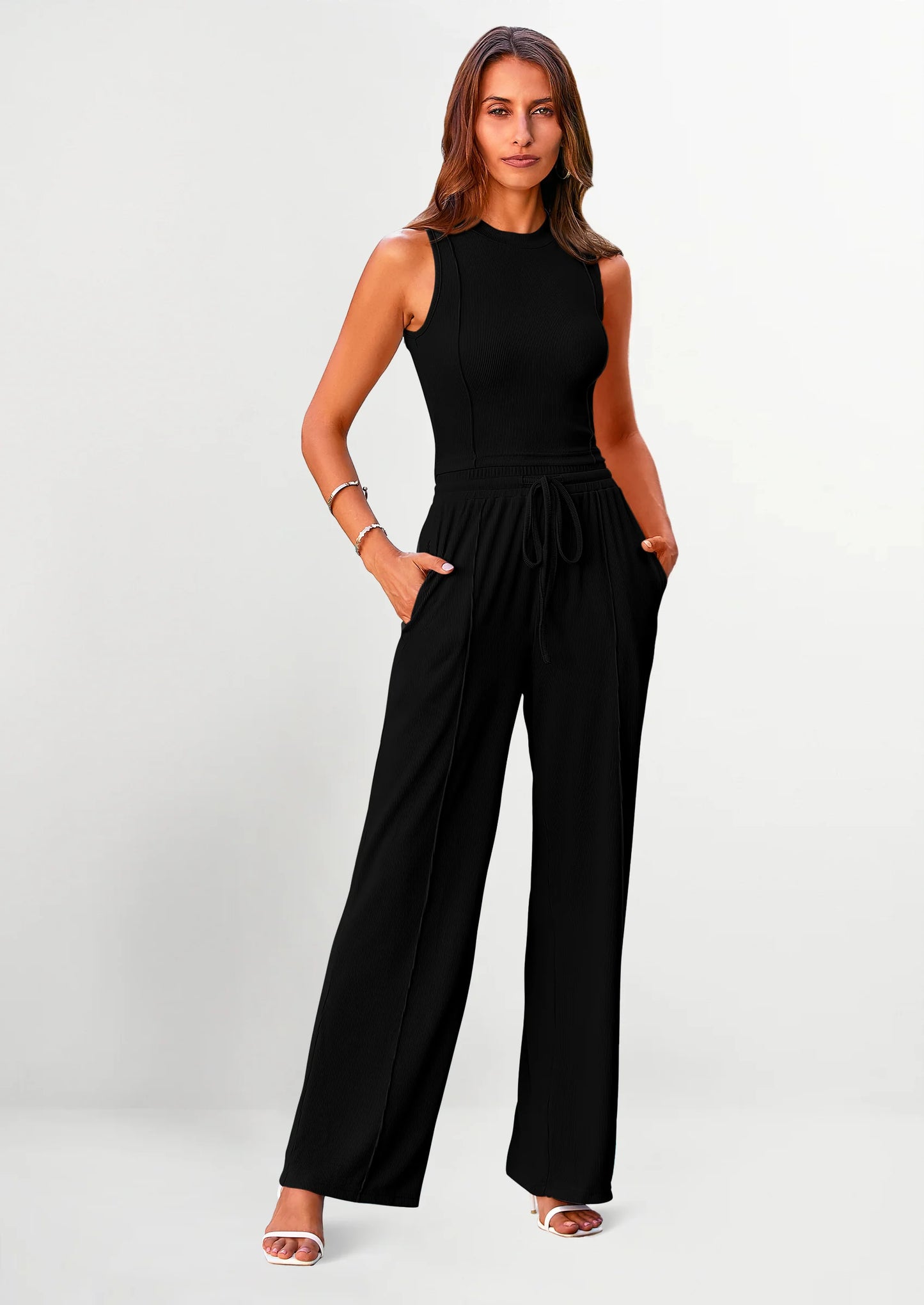 Women's Summer 2 Piece Loungewear Set Cropped Tank Top Wide Leg Sweatpants Tracksuit Casual Outfits