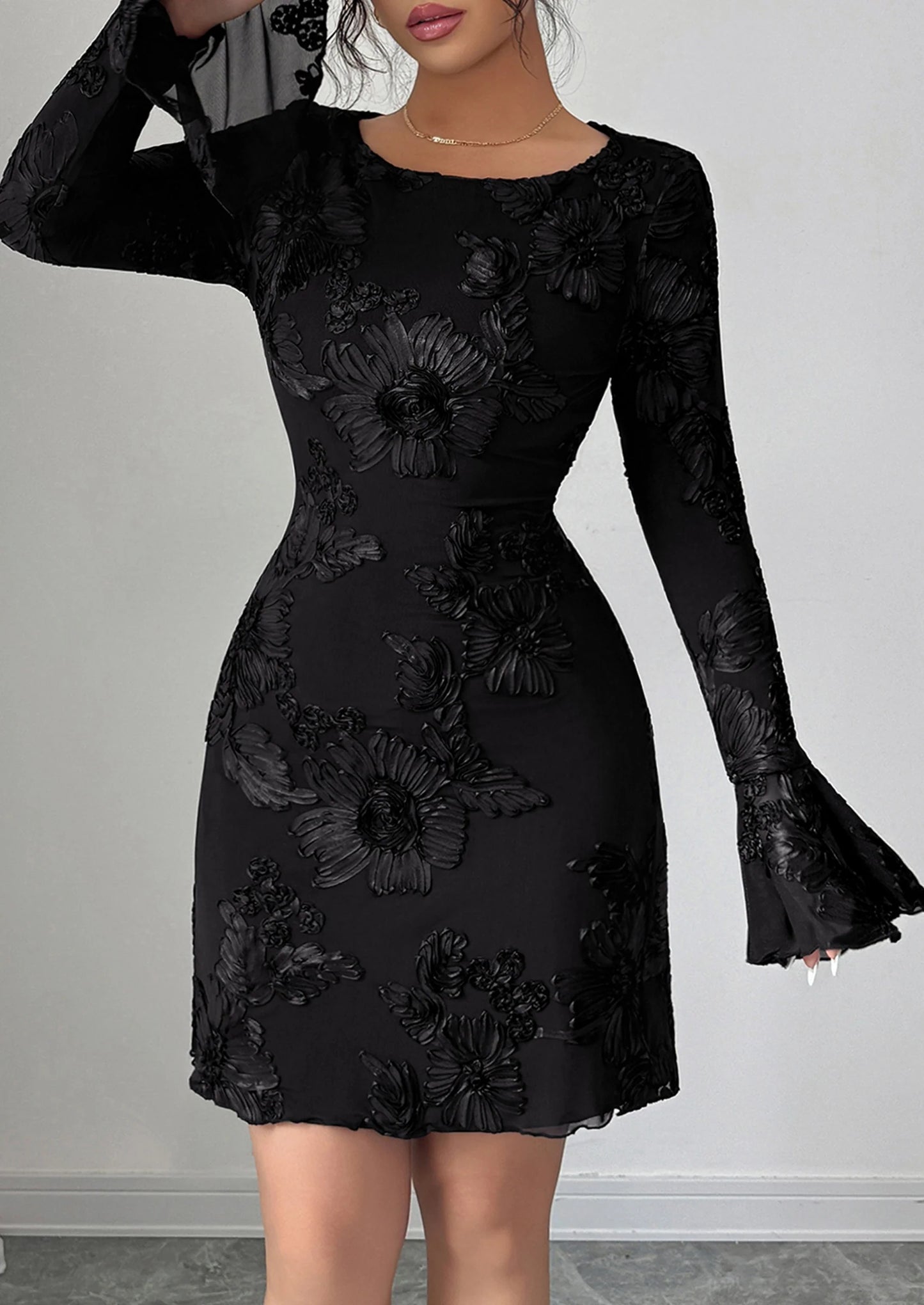 Women's Floral Embroidered Dress Fall Long Bell Sleeve Ribbon Flower Mini Short Mesh Bodycon Party Dresses