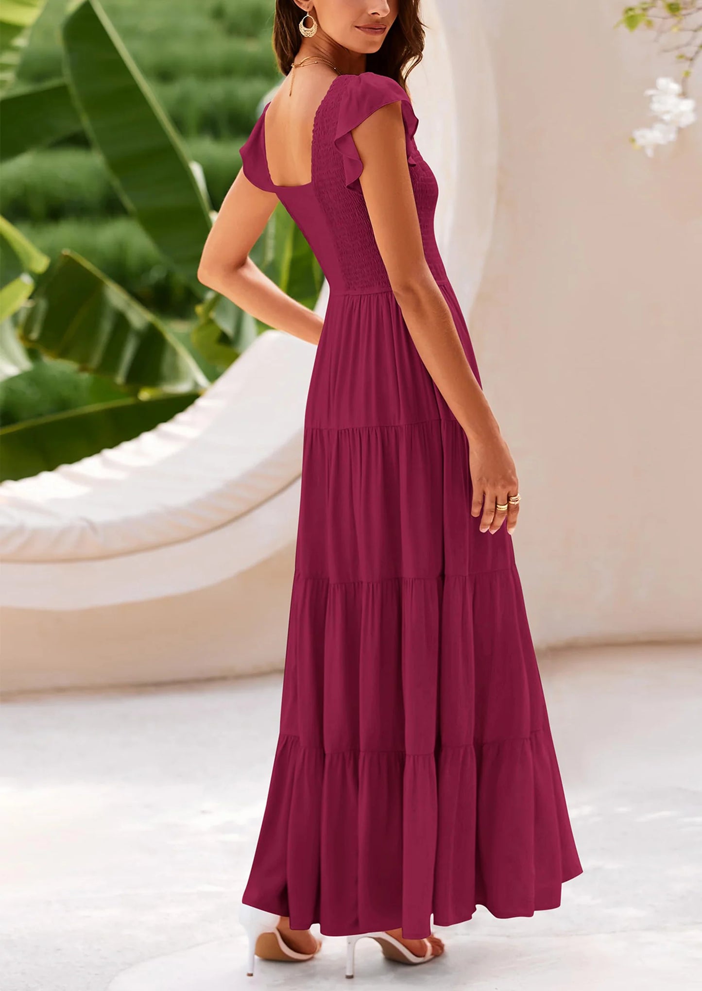Women's Flowy Maxi Dress Casual Cap Sleeve V Neck Smocked Beach Sundress