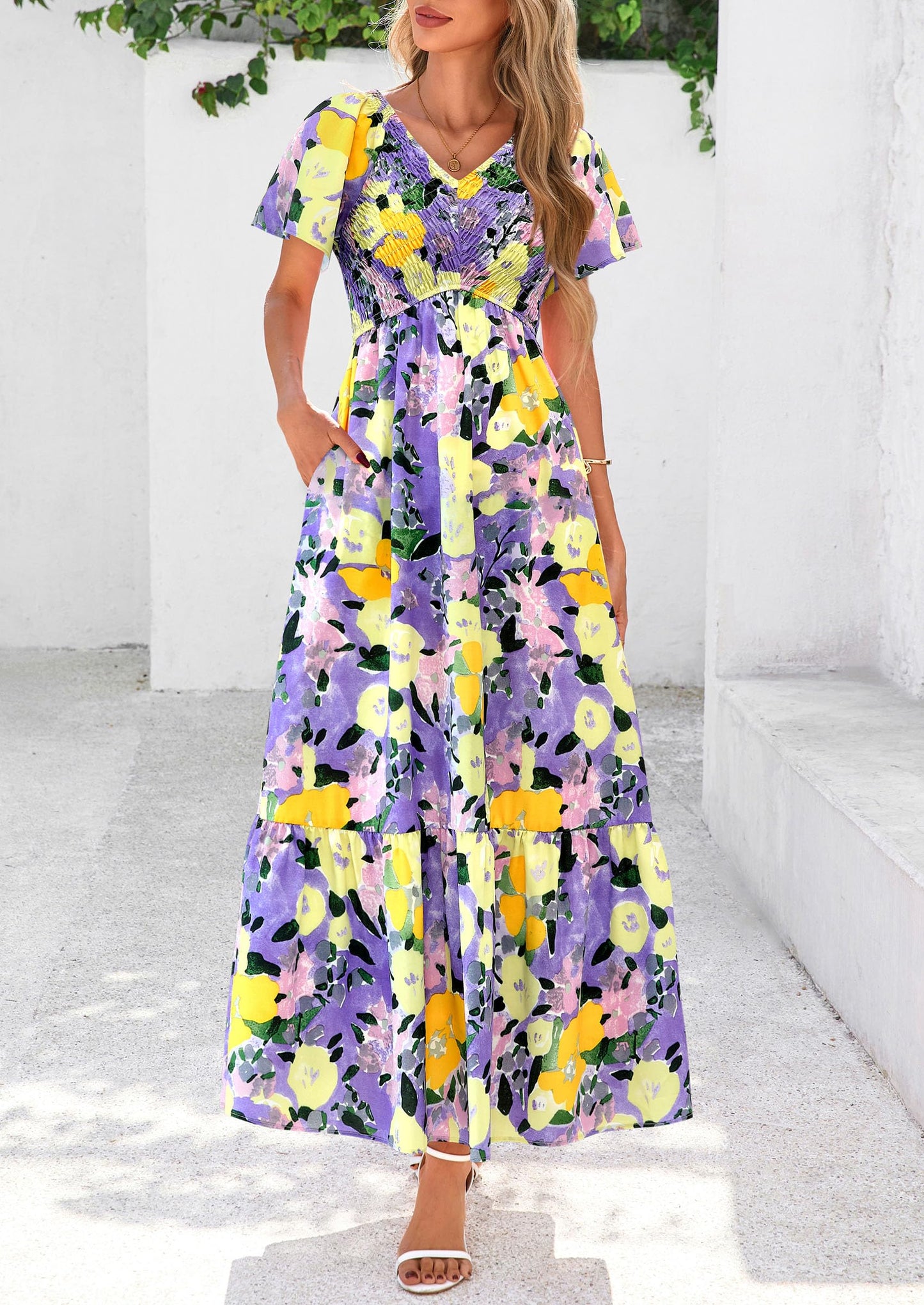 Women Floral Boho Maxi Dresses Short Sleeve V Neck Smocked A Line Long Flowy Beach Vacation Dress